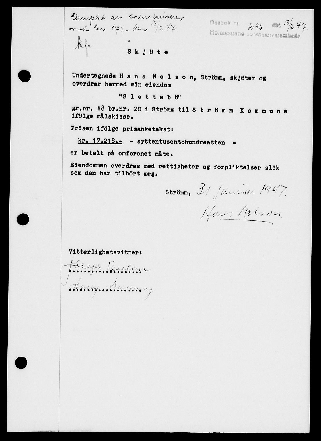 Holmestrand sorenskriveri, SAKO/A-67/G/Ga/Gaa/L0061: Pantebok nr. A-61, 1946-1947, Dagboknr: 296/1947