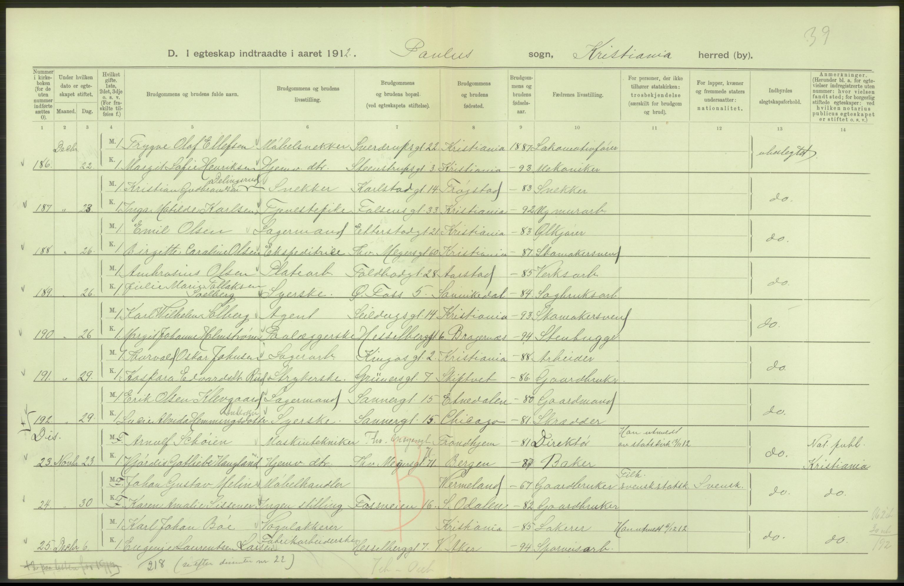 Statistisk sentralbyrå, Sosiodemografiske emner, Befolkning, RA/S-2228/D/Df/Dfb/Dfbb/L0008: Kristiania: Gifte, 1912, s. 304