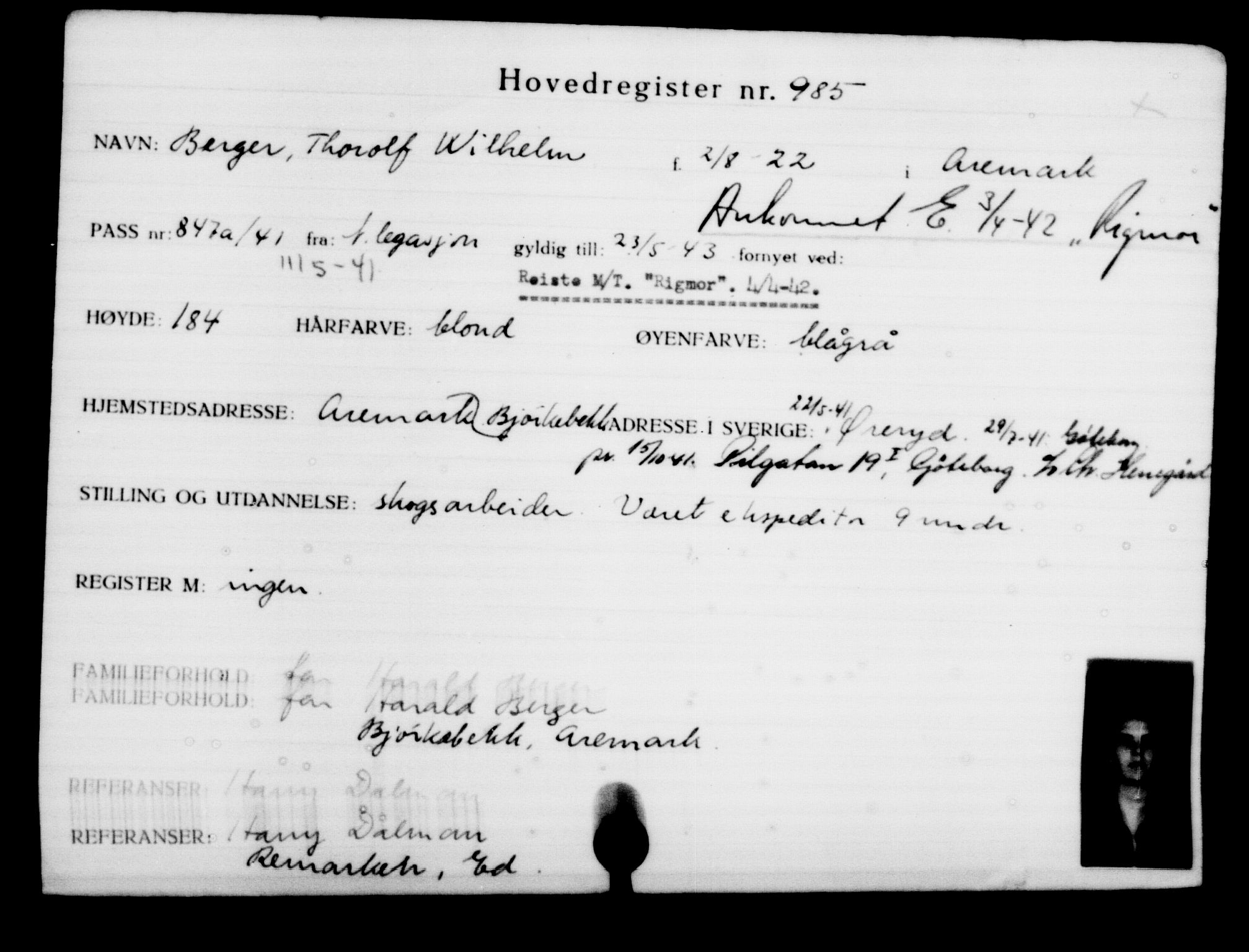 Utenriksstasjonene, Legasjonen i Stockholm, Flyktningkontoret, AV/RA-S-6753/V/Va/L0001: Kjesäterkartoteket, flyktninger med registreringsnr. 1-1000, 1940-1945, s. 1527