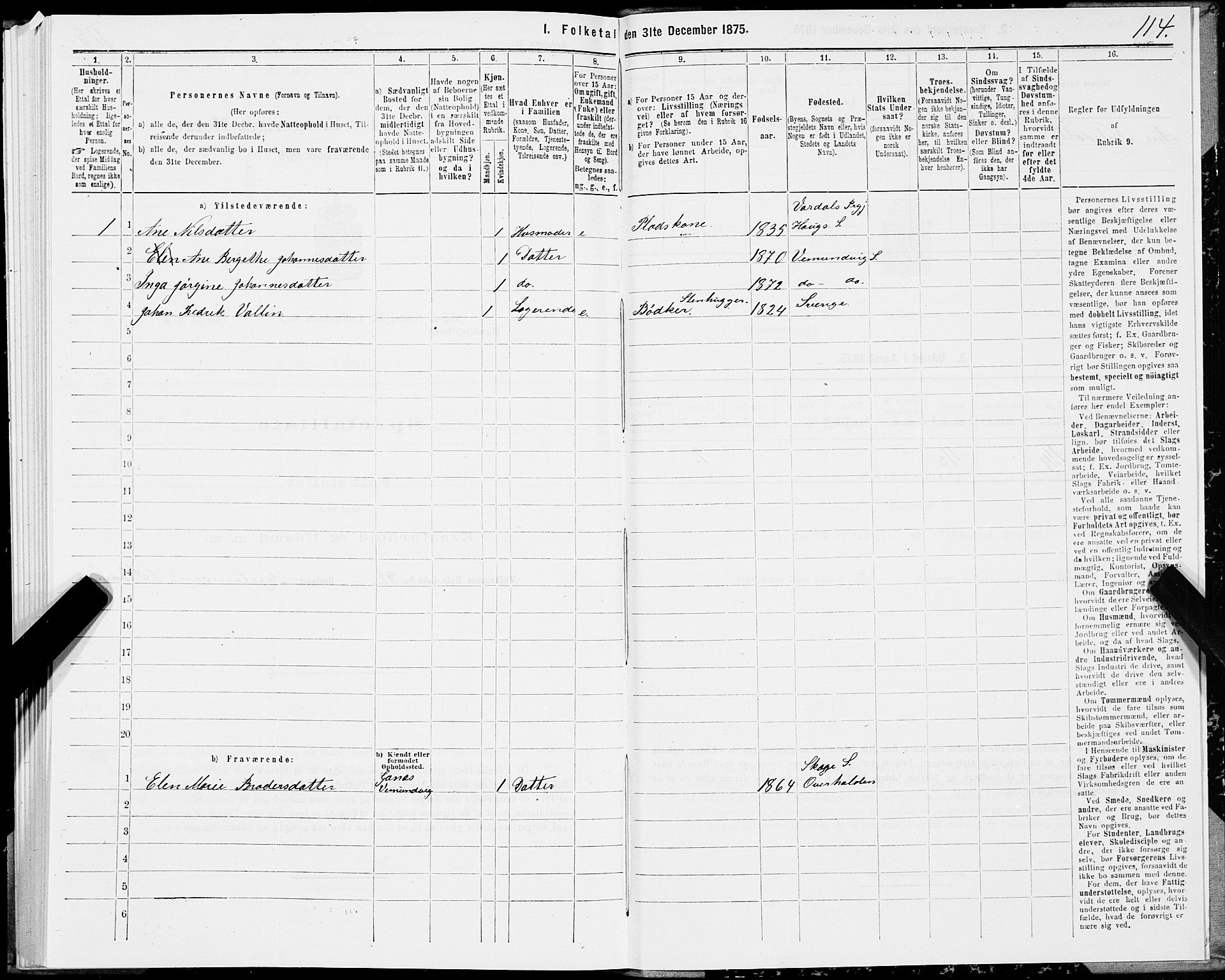 SAT, Folketelling 1875 for 1745L Namsos prestegjeld, Vemundvik sokn og Sævik sokn, 1875, s. 1114