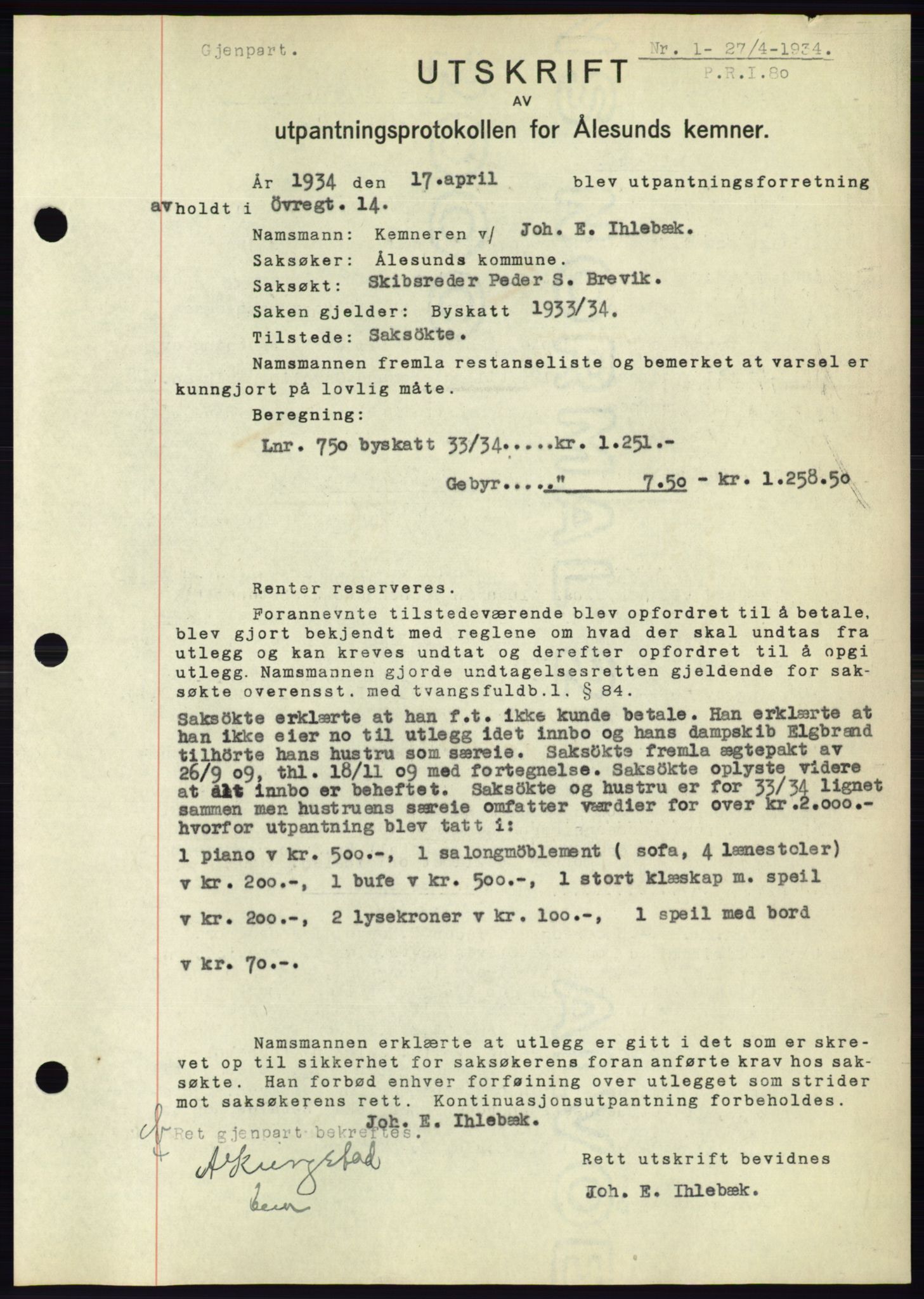 Ålesund byfogd, AV/SAT-A-4384: Pantebok nr. 31, 1933-1934, Tingl.dato: 27.04.1934