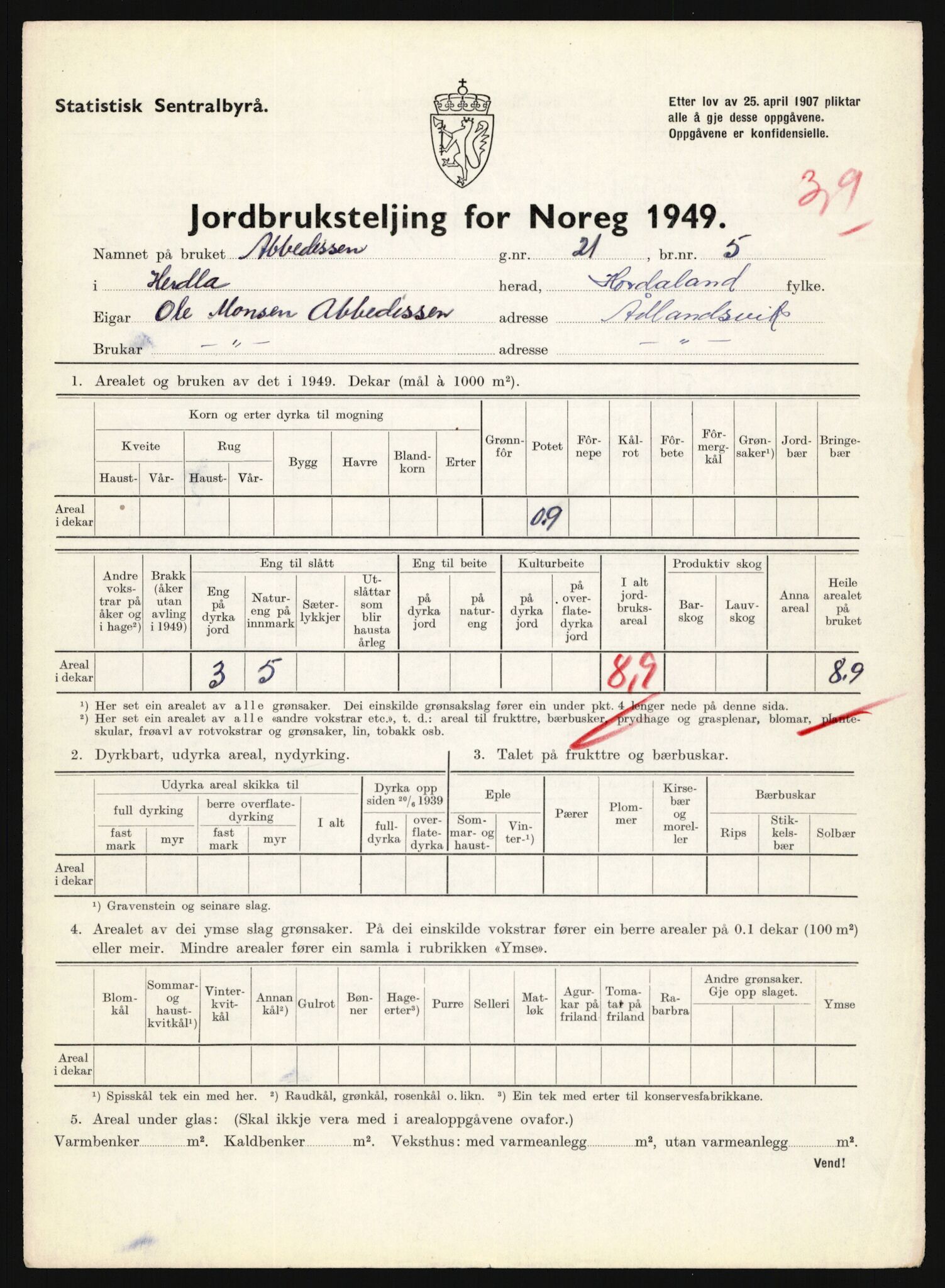 Statistisk sentralbyrå, Næringsøkonomiske emner, Jordbruk, skogbruk, jakt, fiske og fangst, AV/RA-S-2234/G/Gc/L0276: Hordaland: Herdla og Hjelme, 1949, s. 260