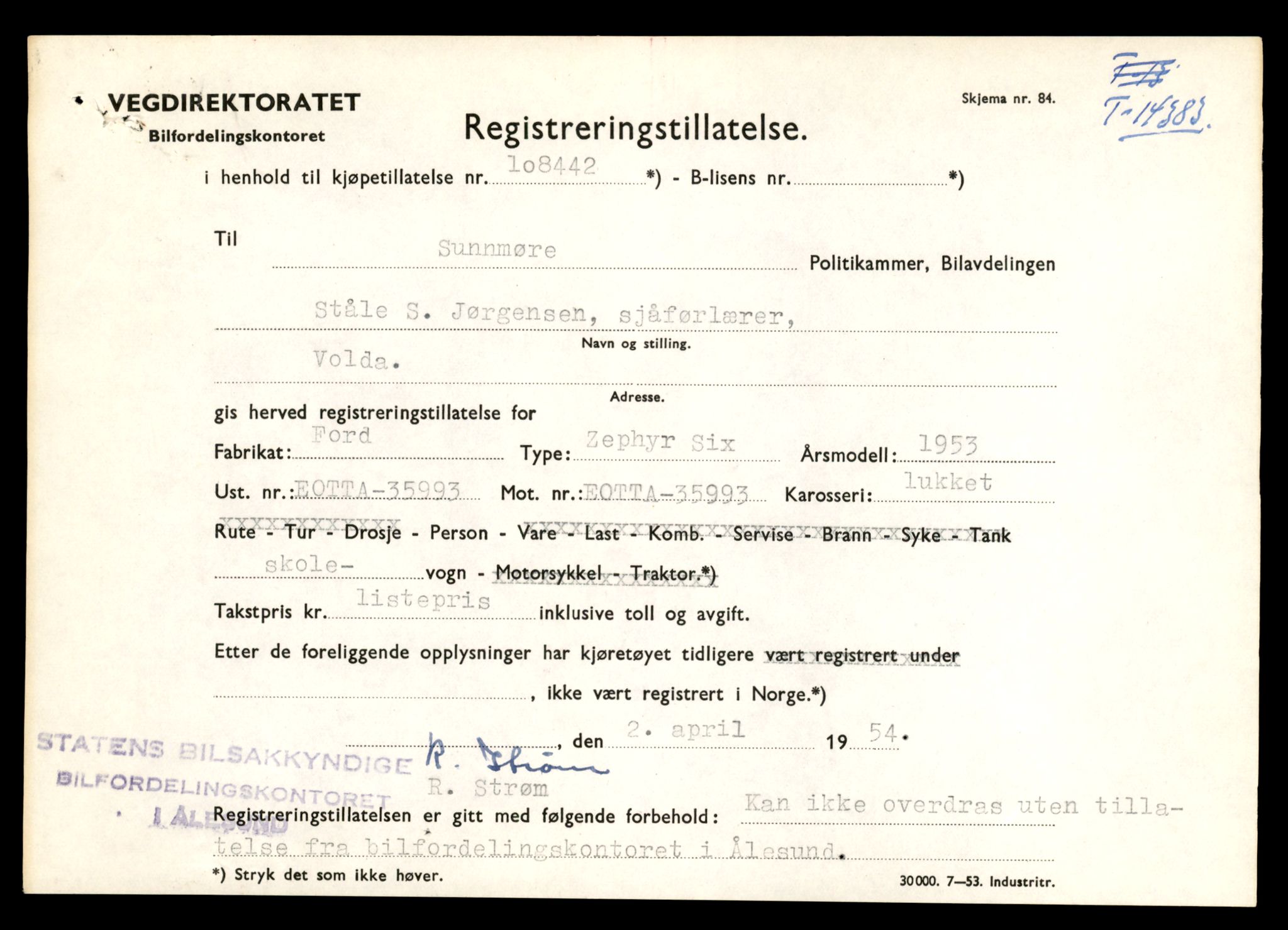 Møre og Romsdal vegkontor - Ålesund trafikkstasjon, AV/SAT-A-4099/F/Fe/L0045: Registreringskort for kjøretøy T 14320 - T 14444, 1927-1998, s. 1649