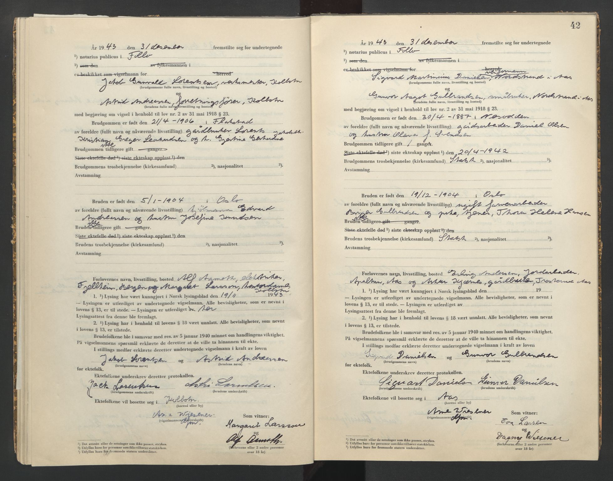 Follo sorenskriveri, AV/SAO-A-10274/L/La/Lab/L0002: Vigselsbok, 1942-1946, s. 42