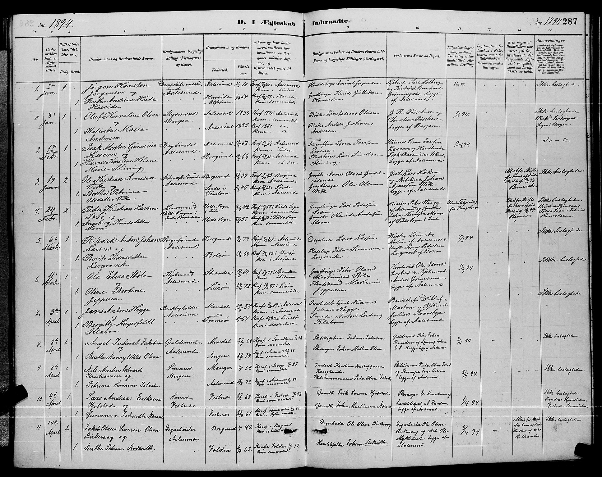 Ministerialprotokoller, klokkerbøker og fødselsregistre - Møre og Romsdal, AV/SAT-A-1454/529/L0467: Klokkerbok nr. 529C04, 1889-1897, s. 287