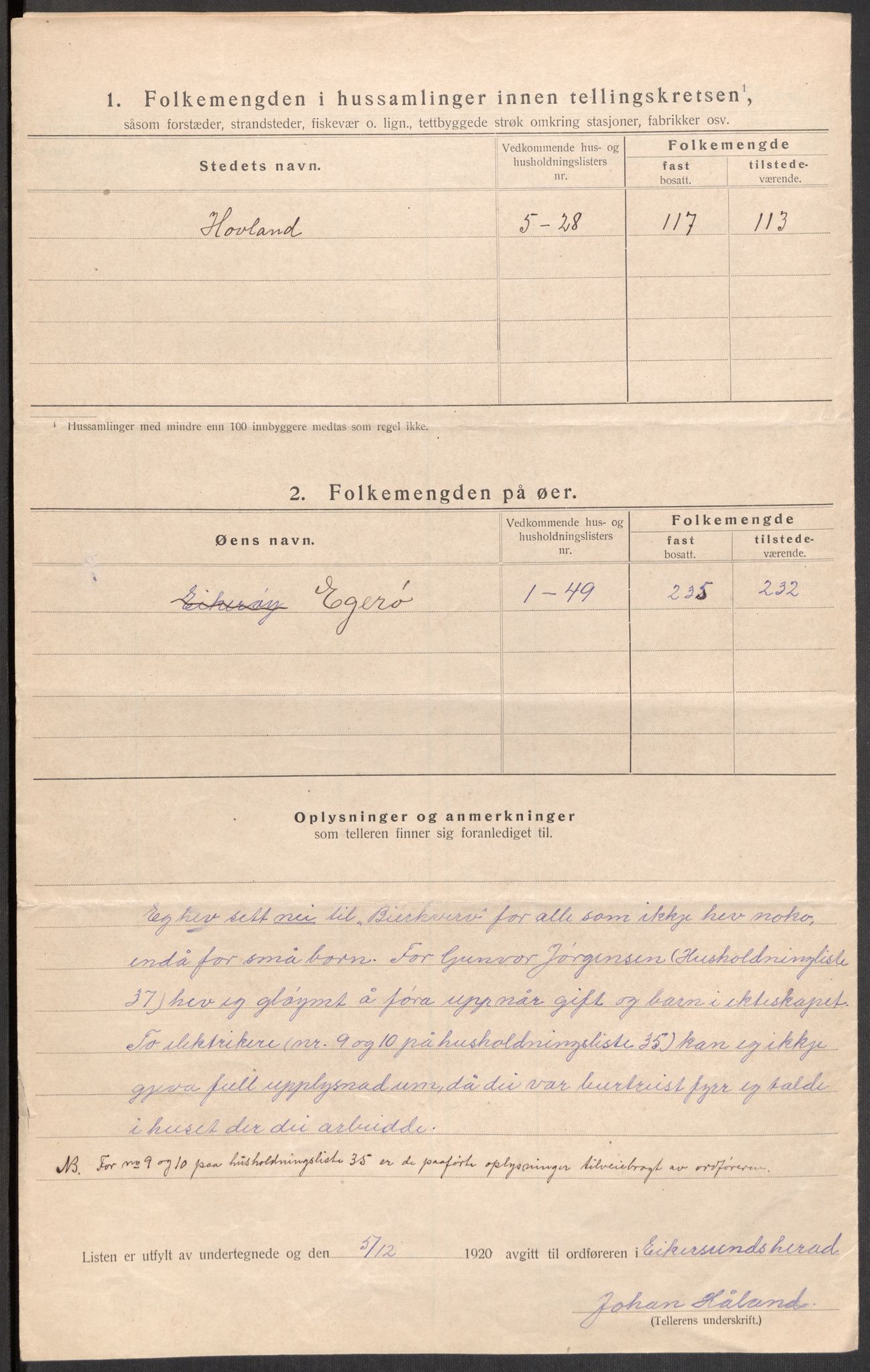 SAST, Folketelling 1920 for 1116 Eigersund herred, 1920, s. 15