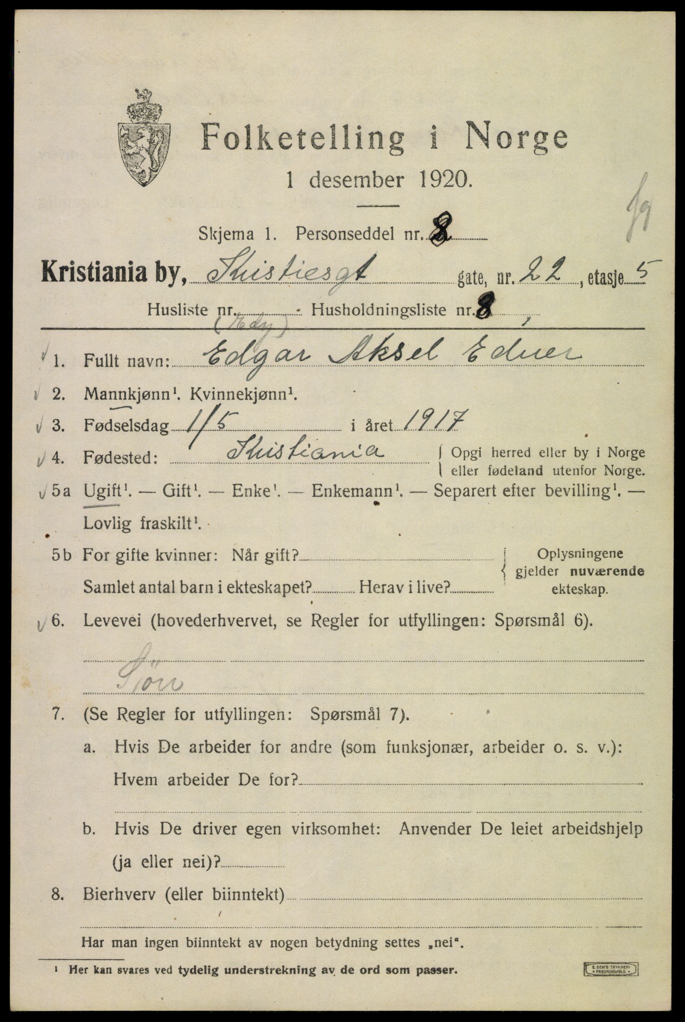 SAO, Folketelling 1920 for 0301 Kristiania kjøpstad, 1920, s. 185529