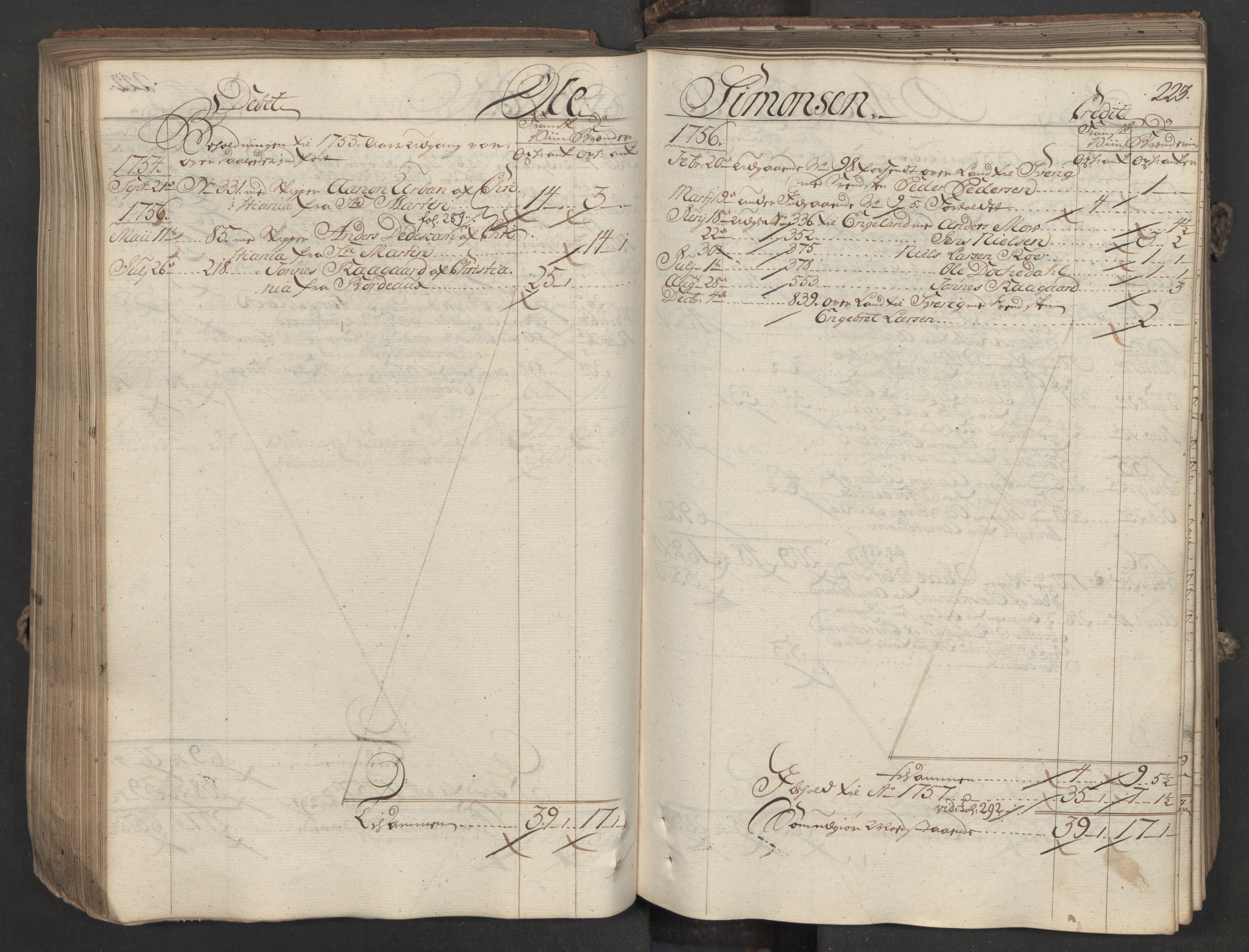 Generaltollkammeret, tollregnskaper, AV/RA-EA-5490/R06/L0037/0001: Tollregnskaper Kristiania / Inngående hovedtollbok, 1756, s. 222b-223a