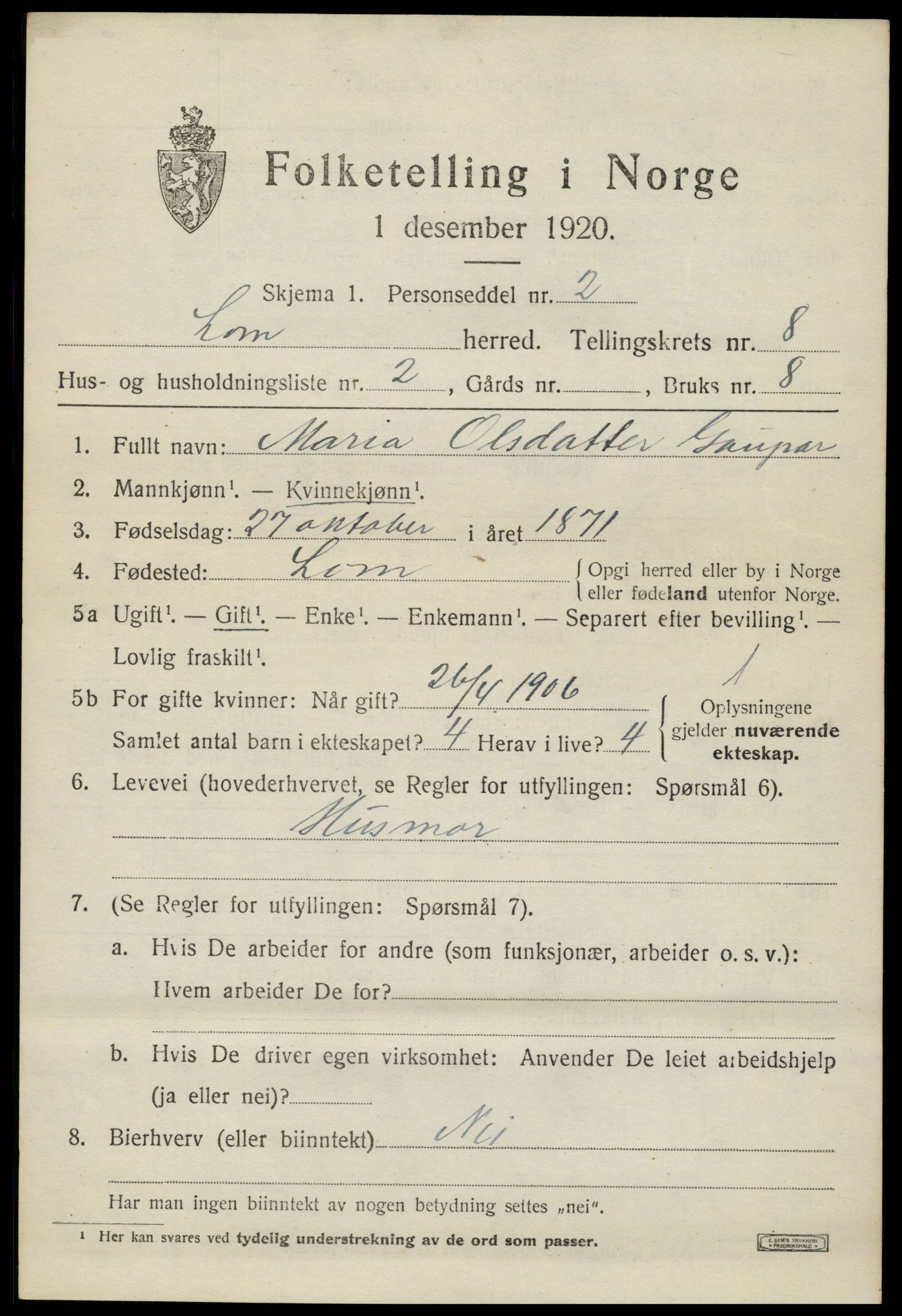 SAH, Folketelling 1920 for 0514 Lom herred, 1920, s. 4760