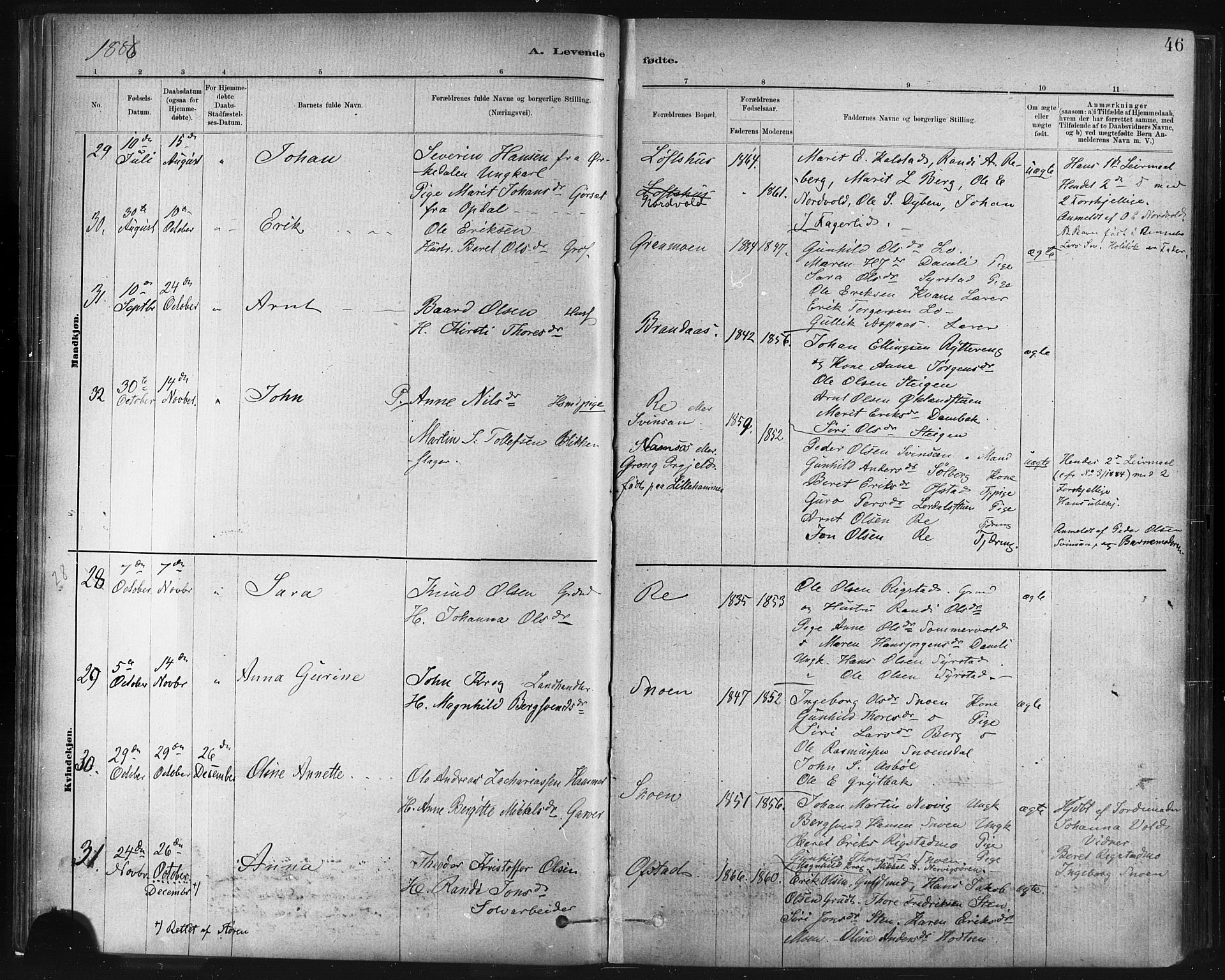 Ministerialprotokoller, klokkerbøker og fødselsregistre - Sør-Trøndelag, SAT/A-1456/672/L0857: Ministerialbok nr. 672A09, 1882-1893, s. 46