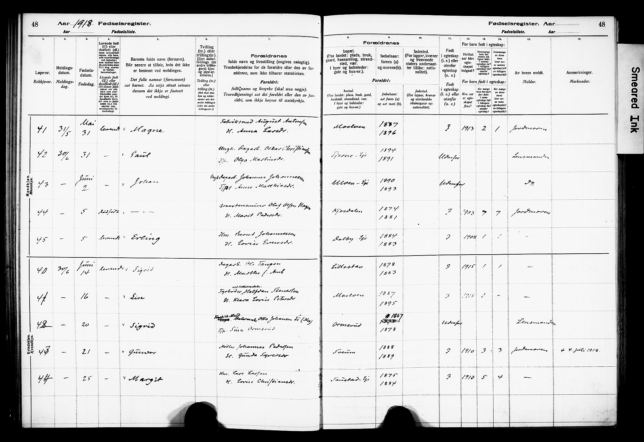 Ringsaker prestekontor, AV/SAH-PREST-014/O/Oa/L0001: Fødselsregister nr. 1, 1916-1925, s. 48