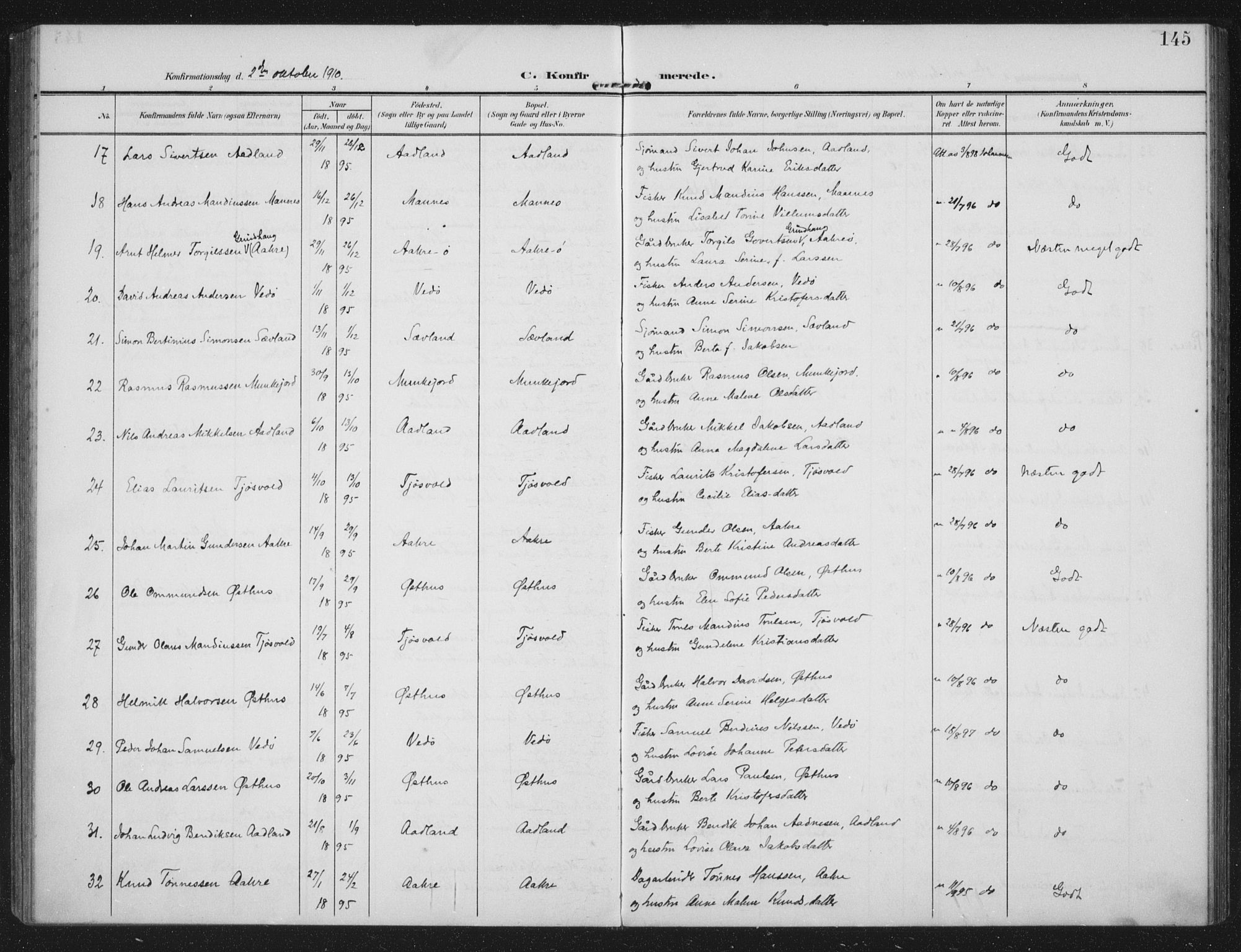 Kopervik sokneprestkontor, AV/SAST-A-101850/H/Ha/Haa/L0005: Ministerialbok nr. A 5, 1906-1924, s. 145