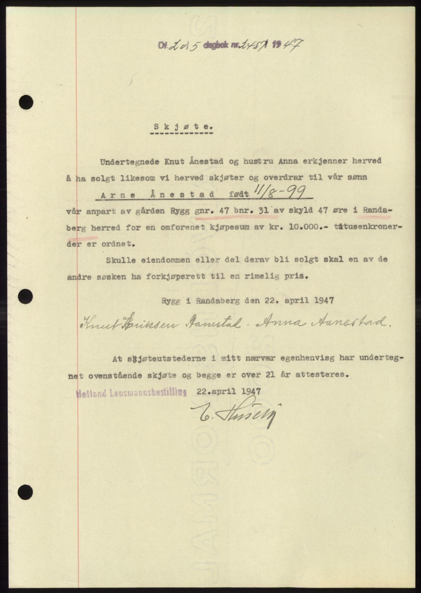 Jæren sorenskriveri, SAST/A-100310/03/G/Gba/L0094: Pantebok, 1947-1947, Dagboknr: 2487/1947