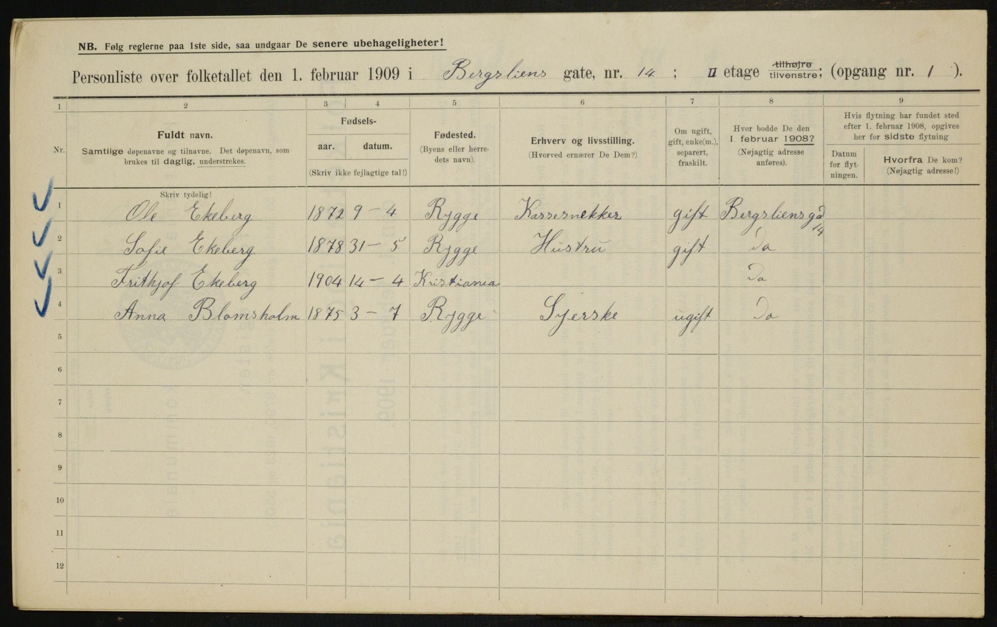 OBA, Kommunal folketelling 1.2.1909 for Kristiania kjøpstad, 1909, s. 3976