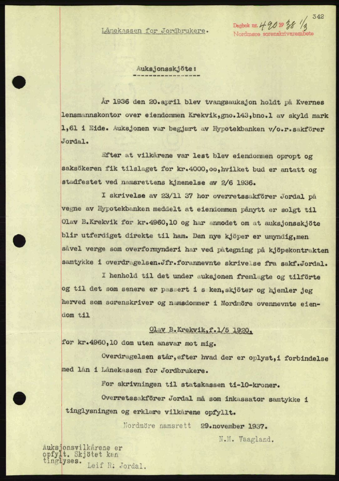 Nordmøre sorenskriveri, SAT/A-4132/1/2/2Ca: Pantebok nr. A83, 1938-1938, Dagboknr: 490/1938
