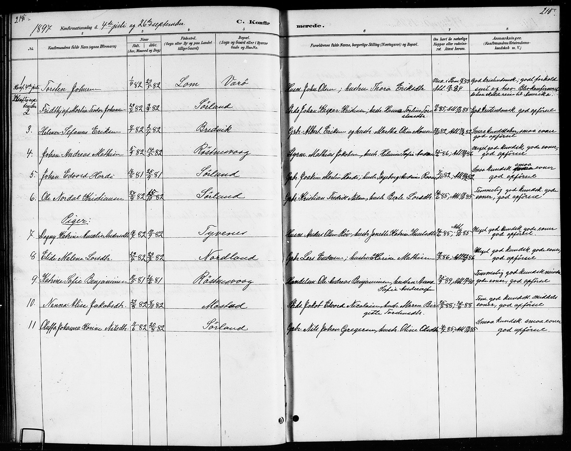 Ministerialprotokoller, klokkerbøker og fødselsregistre - Nordland, AV/SAT-A-1459/807/L0123: Klokkerbok nr. 807C01, 1884-1910, s. 214-215