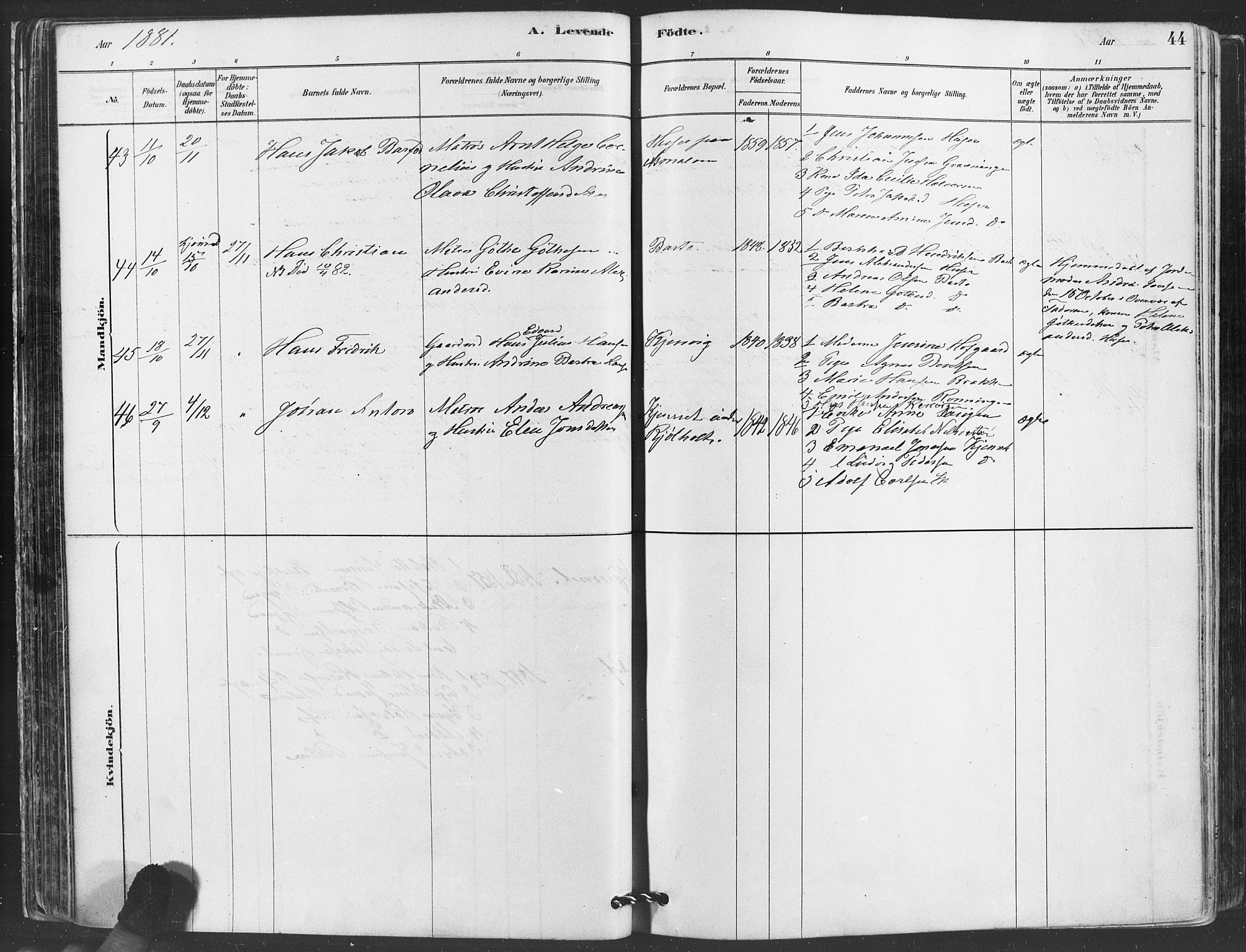 Hvaler prestekontor Kirkebøker, AV/SAO-A-2001/F/Fa/L0008: Ministerialbok nr. I 8, 1878-1895, s. 44