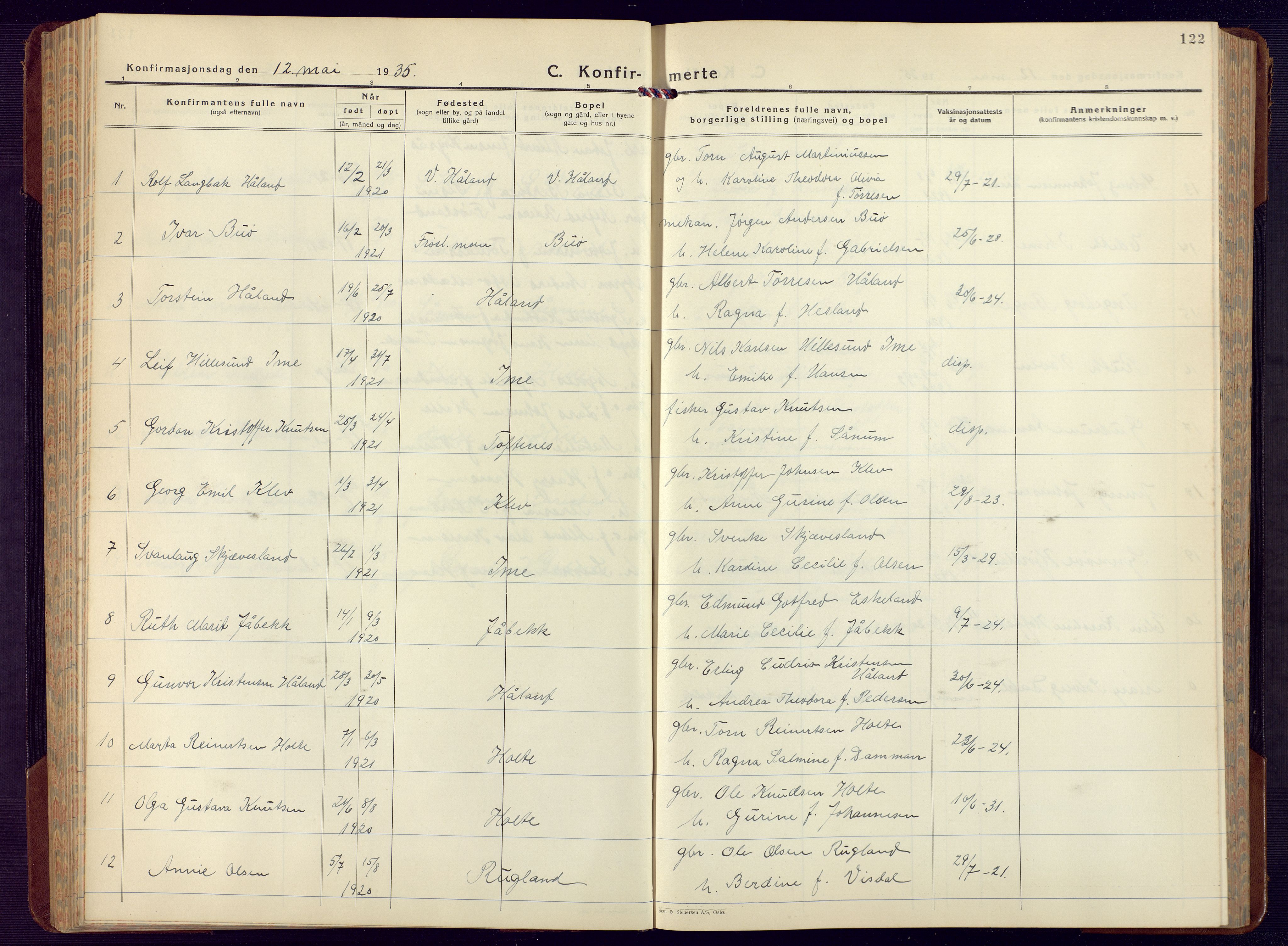 Mandal sokneprestkontor, AV/SAK-1111-0030/F/Fb/Fba/L0014: Klokkerbok nr. B 8, 1932-1952, s. 122