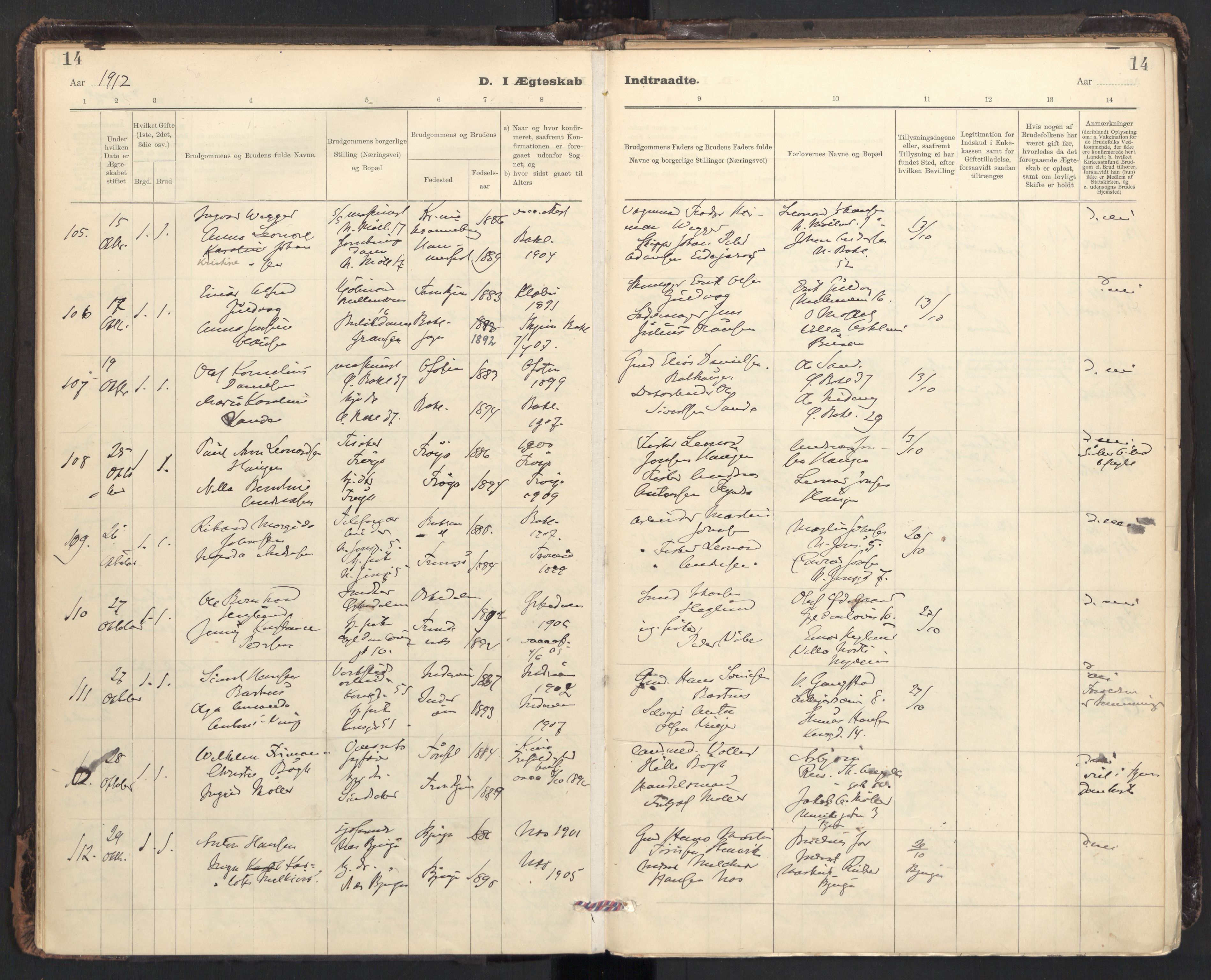 Ministerialprotokoller, klokkerbøker og fødselsregistre - Sør-Trøndelag, SAT/A-1456/604/L0204: Ministerialbok nr. 604A24, 1911-1920, s. 14