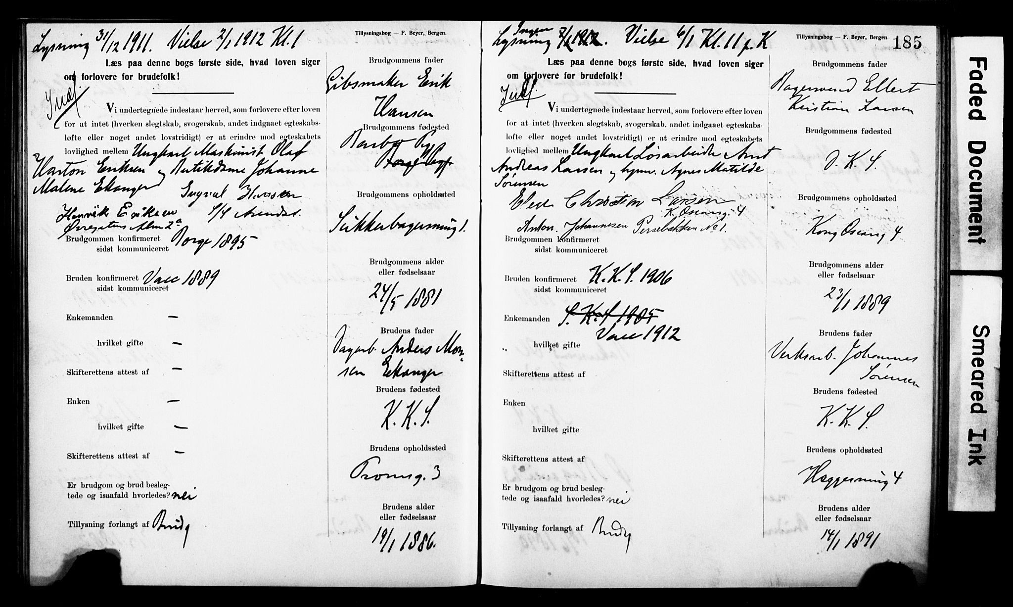 Korskirken sokneprestembete, SAB/A-76101: Forlovererklæringer nr. II.5.9, 1908-1914, s. 185