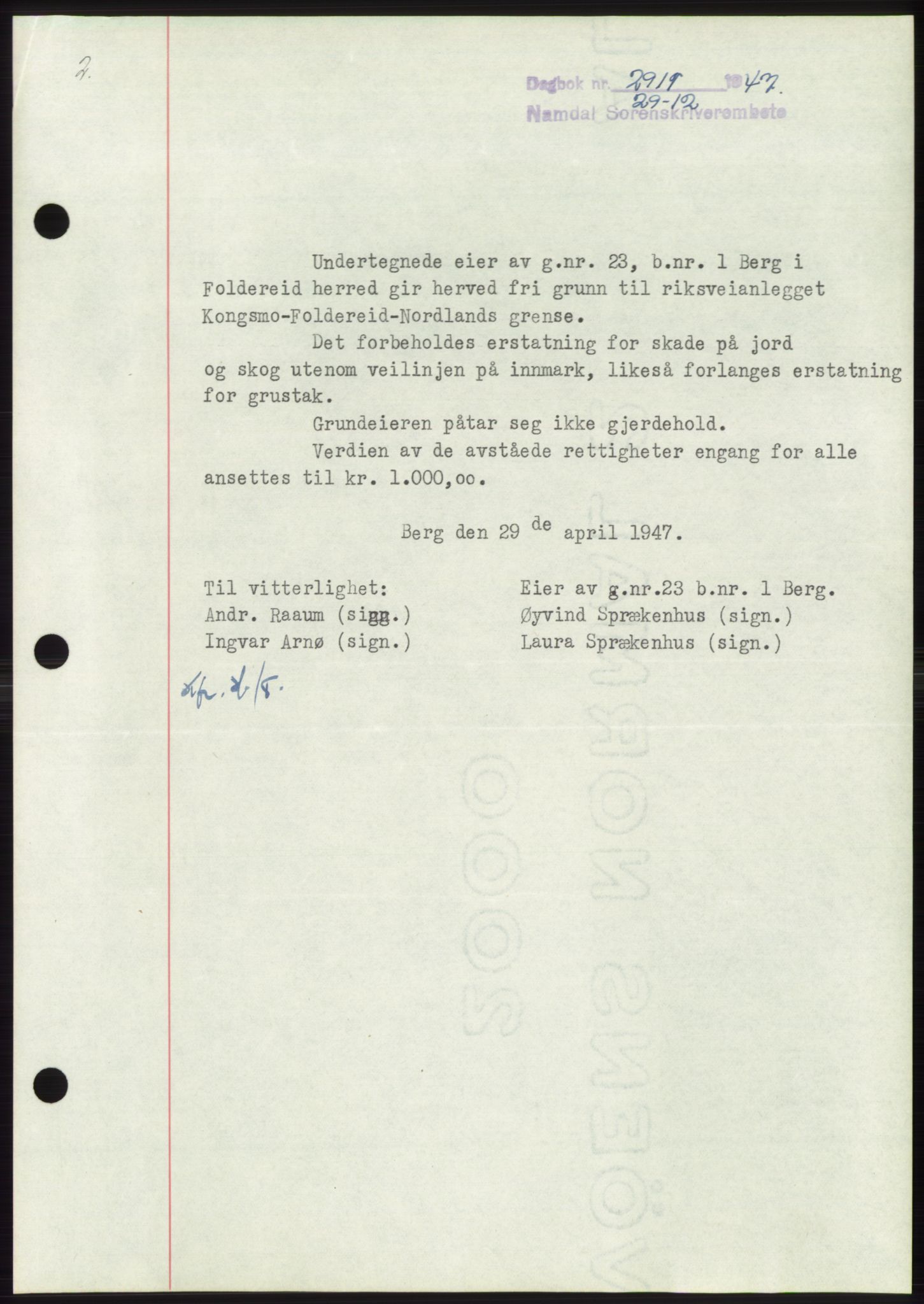 Namdal sorenskriveri, SAT/A-4133/1/2/2C: Pantebok nr. -, 1947-1948, Dagboknr: 2911/1947
