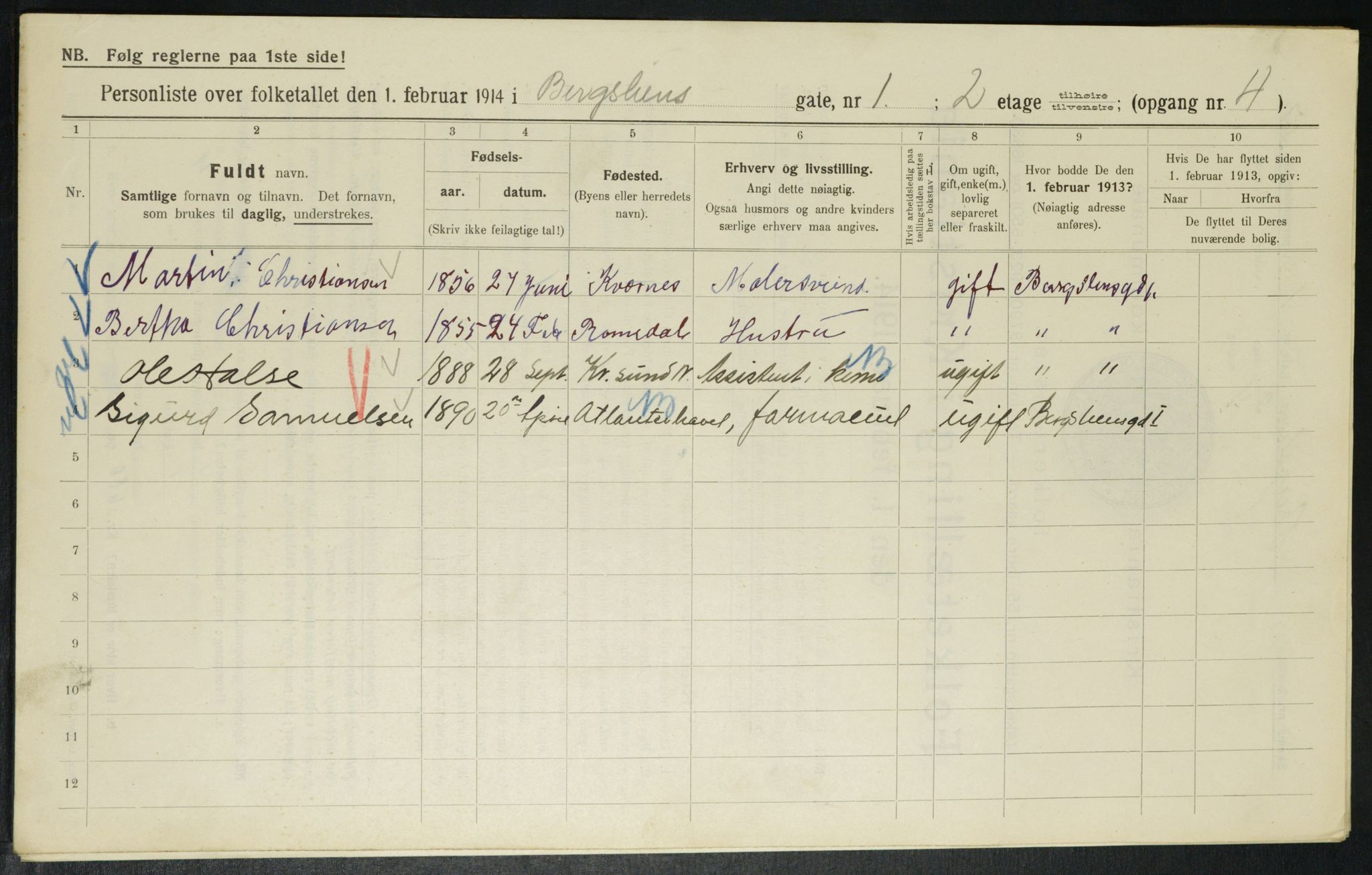 OBA, Kommunal folketelling 1.2.1914 for Kristiania, 1914, s. 4026