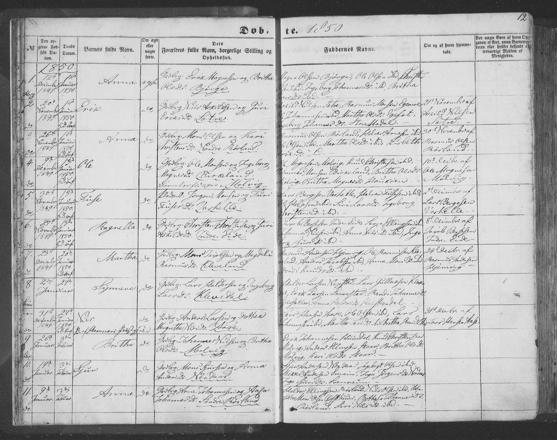 Hosanger sokneprestembete, AV/SAB-A-75801/H/Haa: Ministerialbok nr. A 8, 1849-1863, s. 12