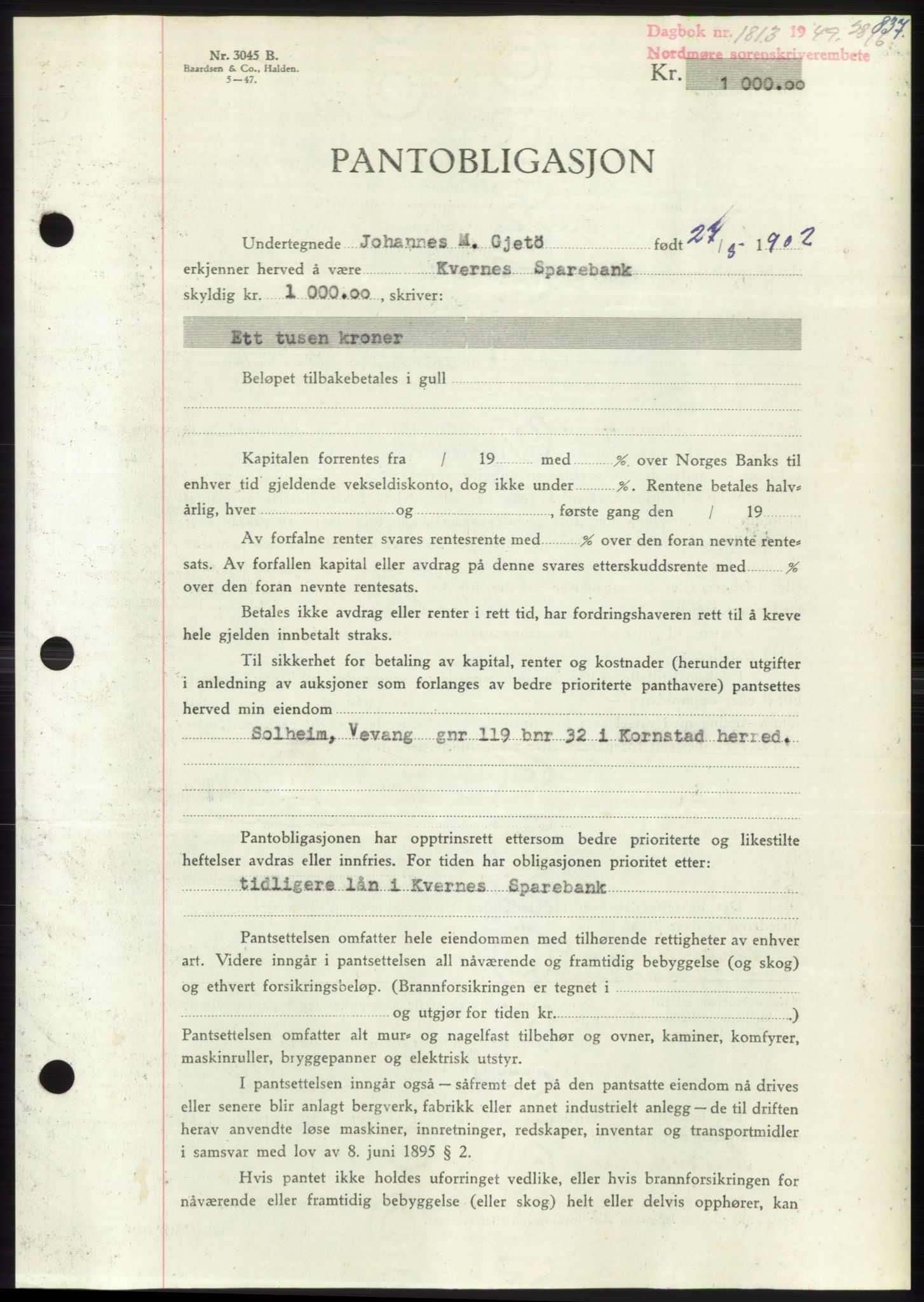 Nordmøre sorenskriveri, SAT/A-4132/1/2/2Ca: Pantebok nr. B101, 1949-1949, Dagboknr: 1813/1949