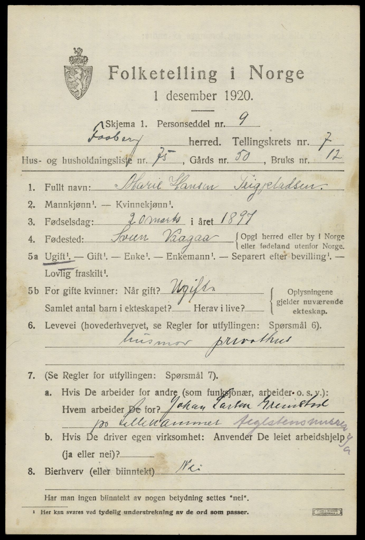 SAH, Folketelling 1920 for 0524 Fåberg herred, 1920, s. 9170
