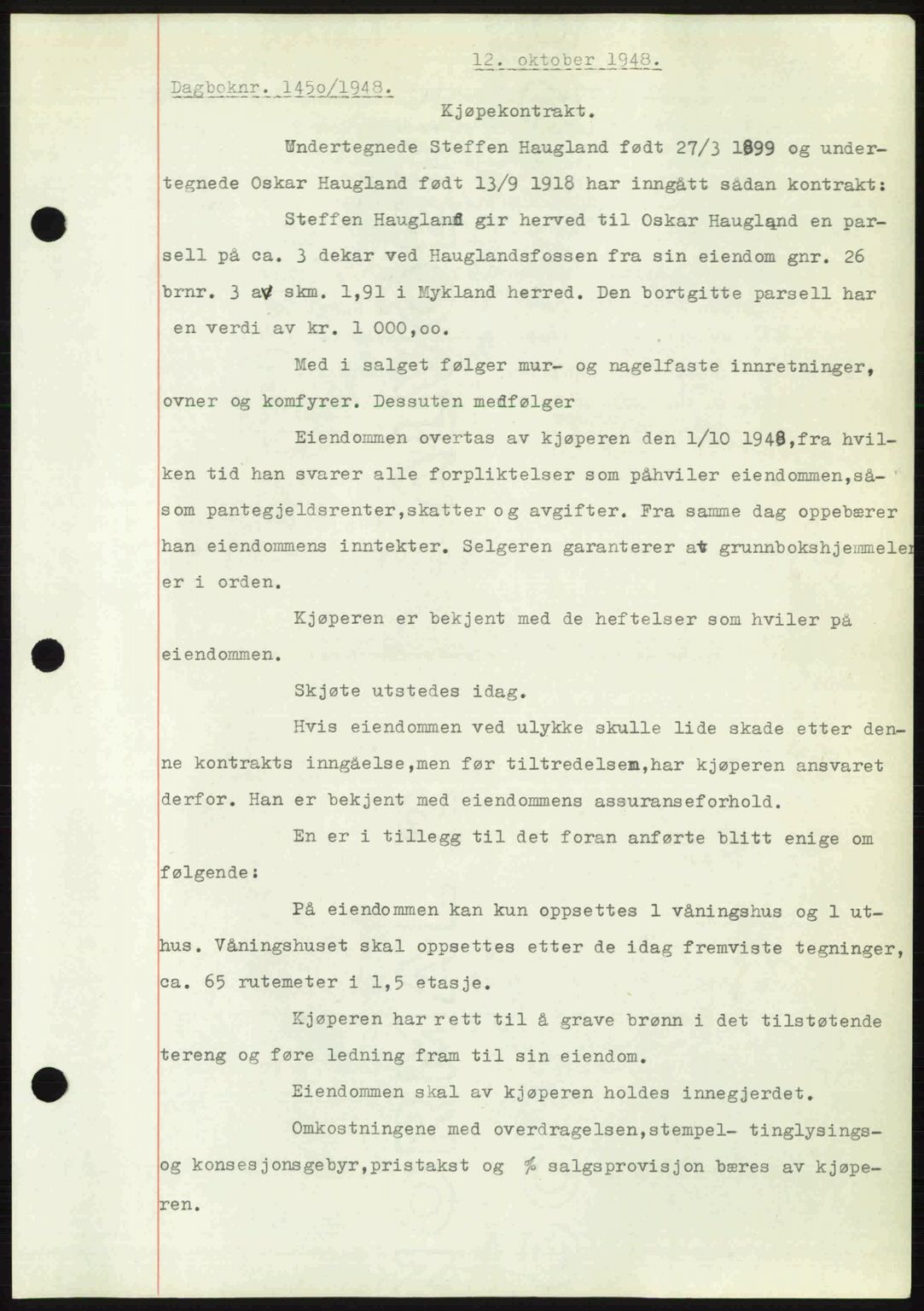 Nedenes sorenskriveri, SAK/1221-0006/G/Gb/Gba/L0059: Pantebok nr. A11, 1948-1948, Dagboknr: 1450/1948