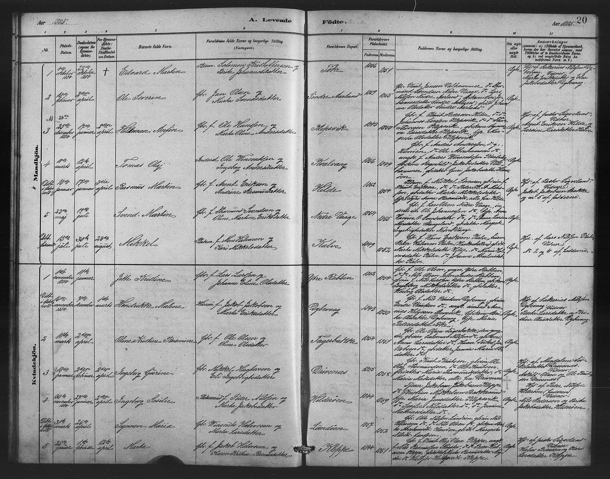 Austevoll sokneprestembete, AV/SAB-A-74201/H/Ha/Hab/Habb/L0003: Klokkerbok nr. B 3, 1879-1888, s. 20