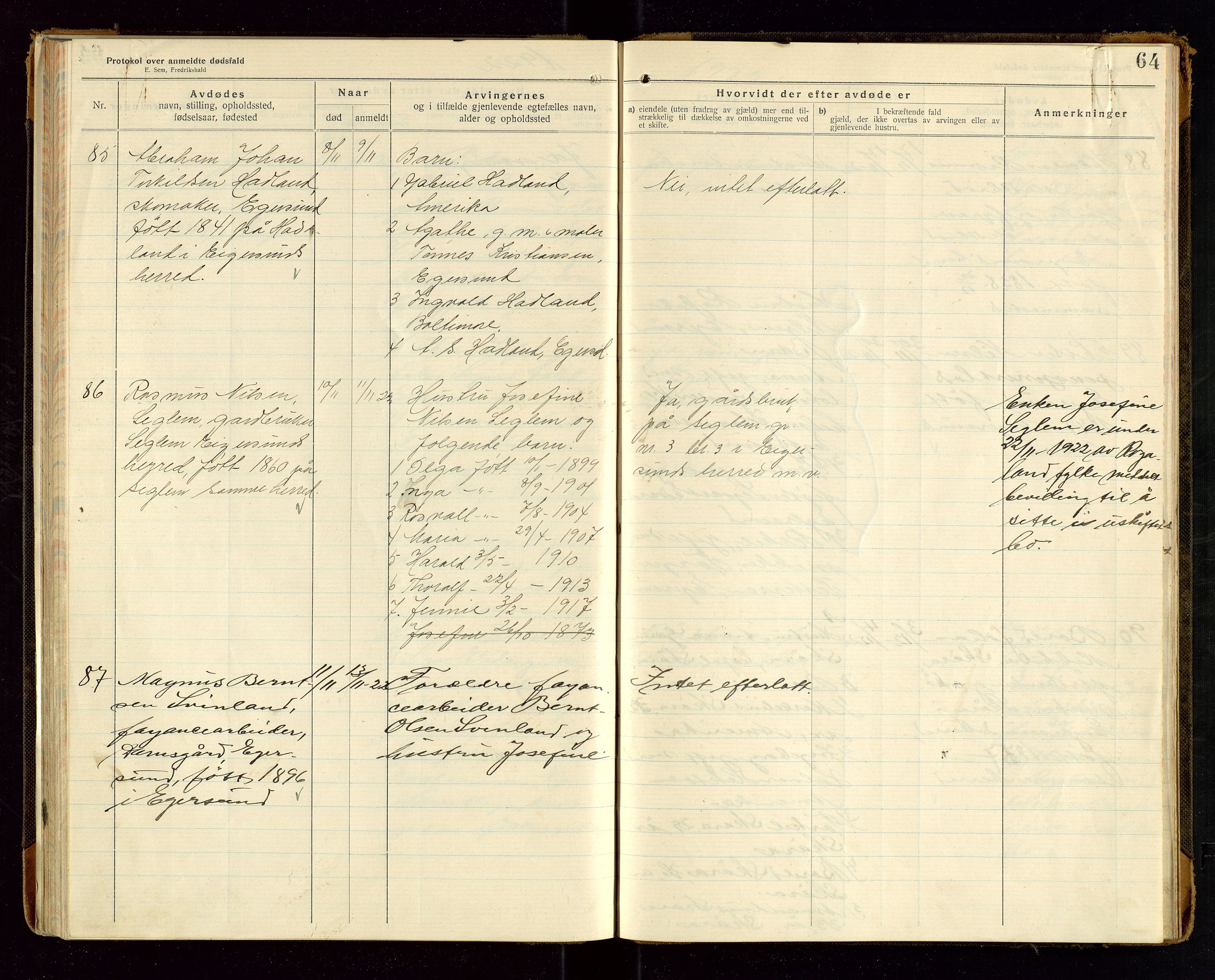 Eigersund lensmannskontor, SAST/A-100171/Gga/L0008: "Protokol over anmeldte dødsfald" m/alfabetisk navneregister, 1920-1922, s. 64
