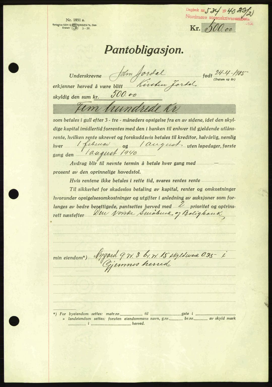 Nordmøre sorenskriveri, AV/SAT-A-4132/1/2/2Ca: Pantebok nr. B86, 1939-1940, Dagboknr: 534/1940