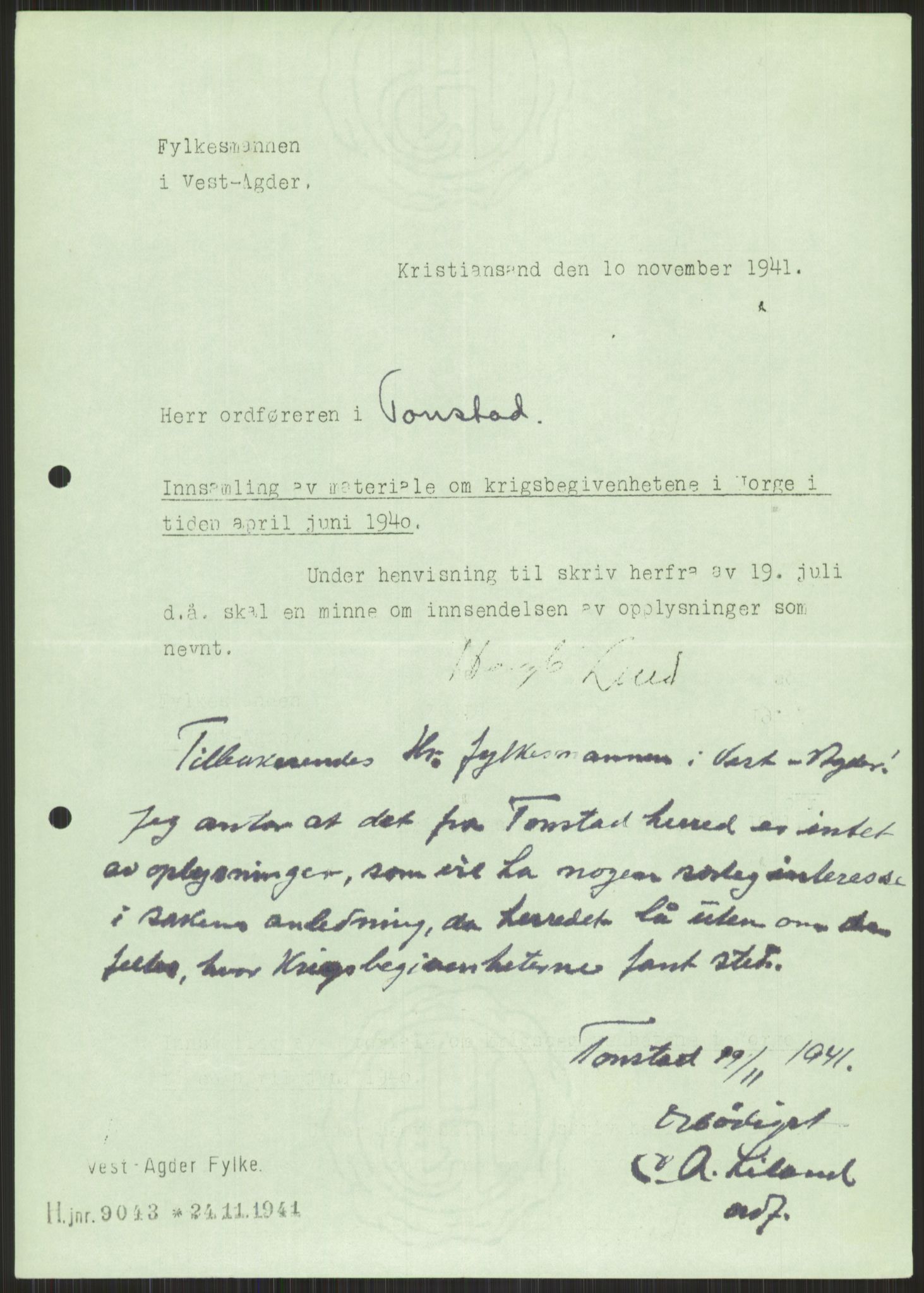 Forsvaret, Forsvarets krigshistoriske avdeling, AV/RA-RAFA-2017/Y/Ya/L0014: II-C-11-31 - Fylkesmenn.  Rapporter om krigsbegivenhetene 1940., 1940, s. 887