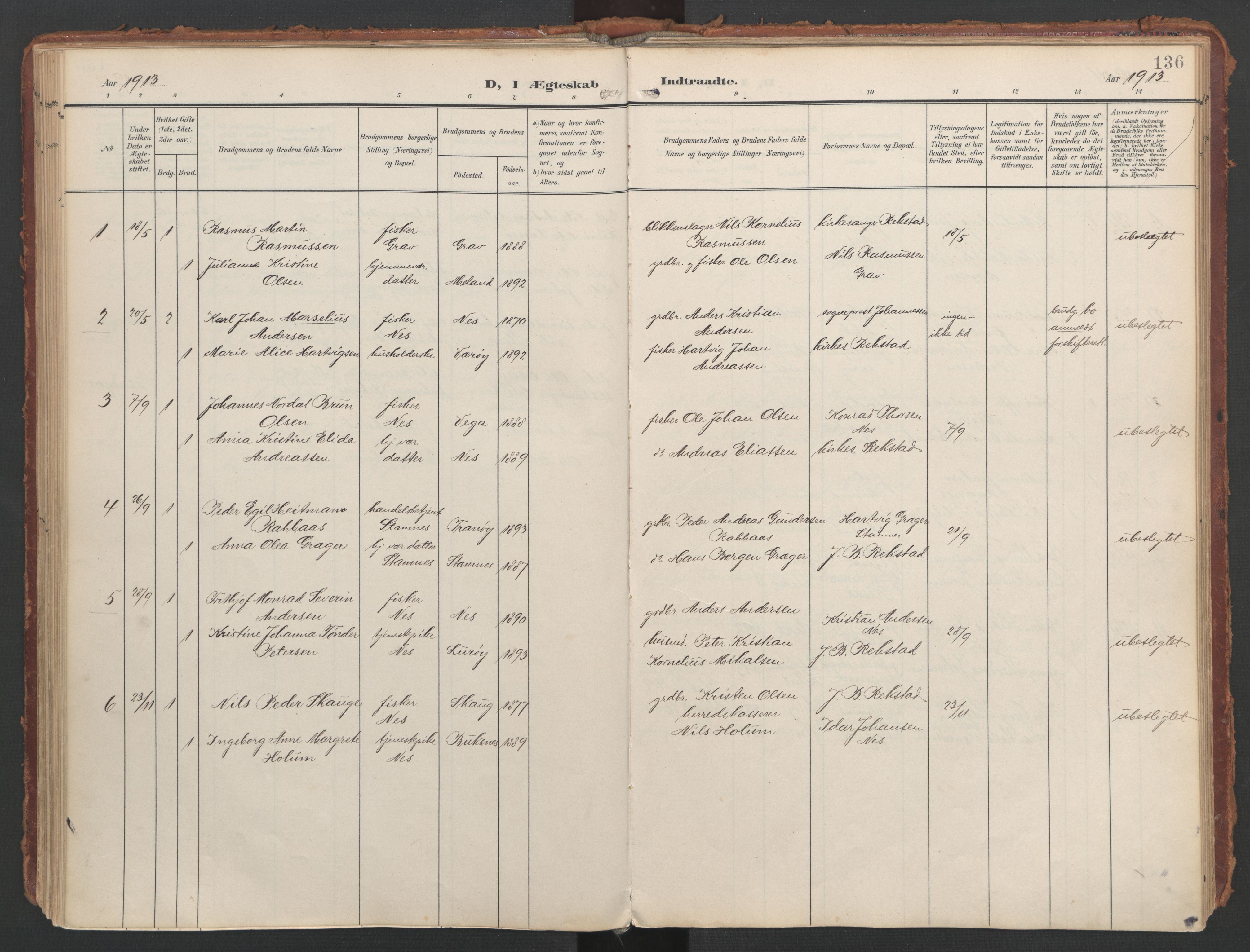 Ministerialprotokoller, klokkerbøker og fødselsregistre - Nordland, AV/SAT-A-1459/808/L0129: Ministerialbok nr. 808A02, 1903-1931, s. 136