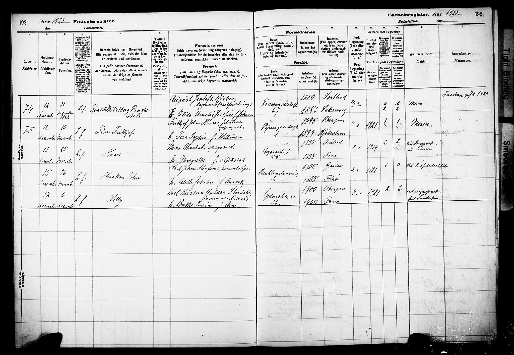 Johanneskirken sokneprestembete, SAB/A-76001/I/Id/L00A1: Fødselsregister nr. A 1, 1916-1924, s. 192