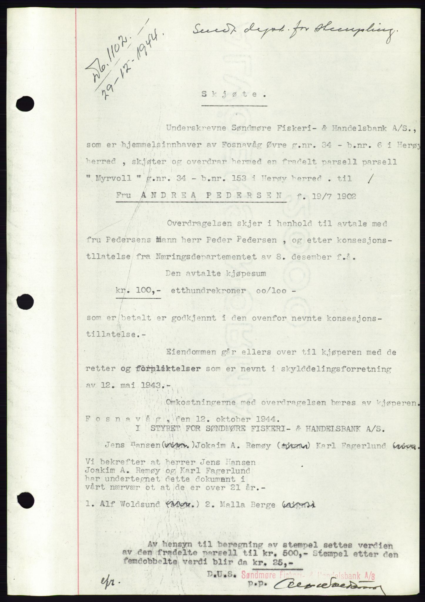 Søre Sunnmøre sorenskriveri, SAT/A-4122/1/2/2C/L0076: Pantebok nr. 2A, 1943-1944, Dagboknr: 1102/1944