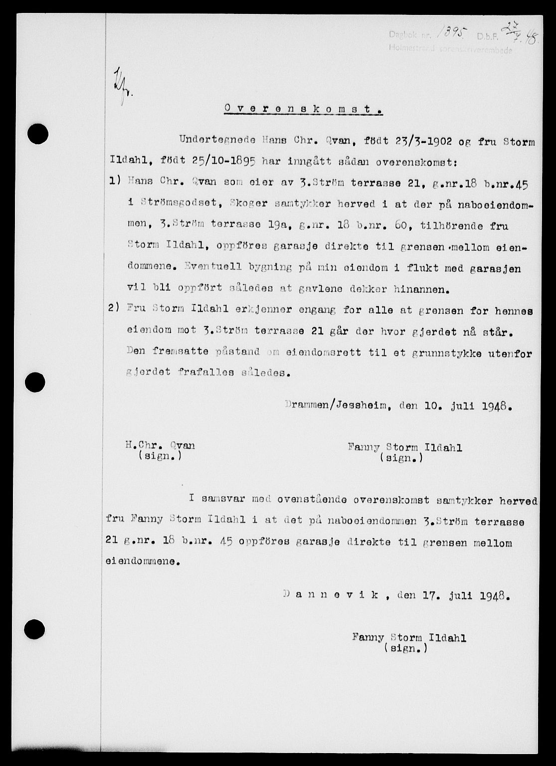 Holmestrand sorenskriveri, SAKO/A-67/G/Ga/Gaa/L0064: Pantebok nr. A-64, 1948-1948, Dagboknr: 1395/1948