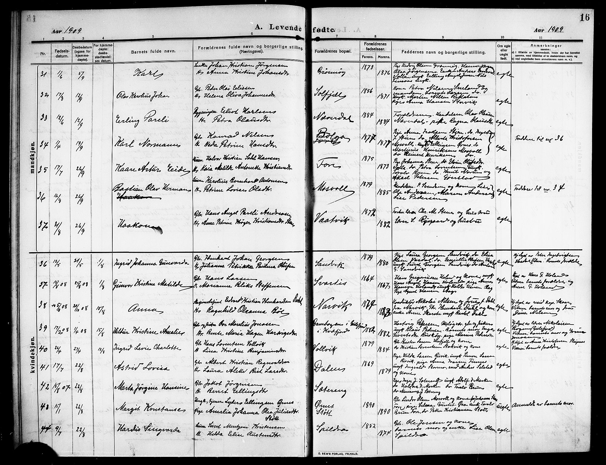 Ministerialprotokoller, klokkerbøker og fødselsregistre - Nordland, SAT/A-1459/843/L0639: Klokkerbok nr. 843C08, 1908-1924, s. 16