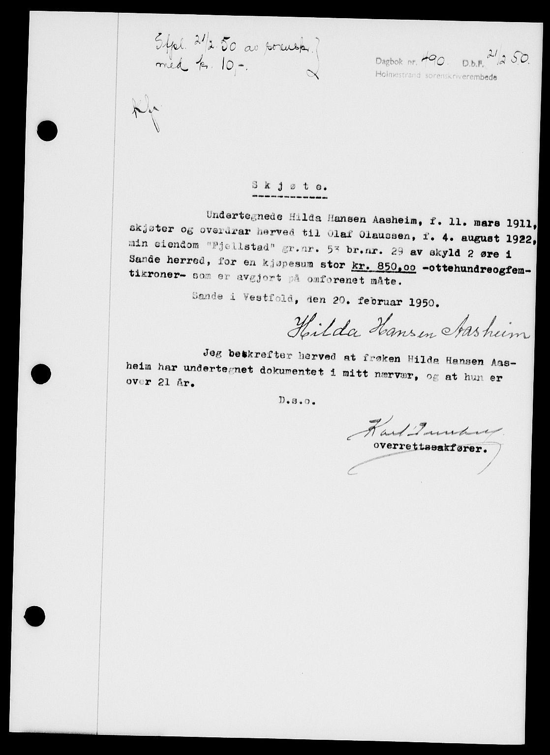 Holmestrand sorenskriveri, SAKO/A-67/G/Ga/Gaa/L0068: Pantebok nr. A-68, 1949-1950, Dagboknr: 490/1950