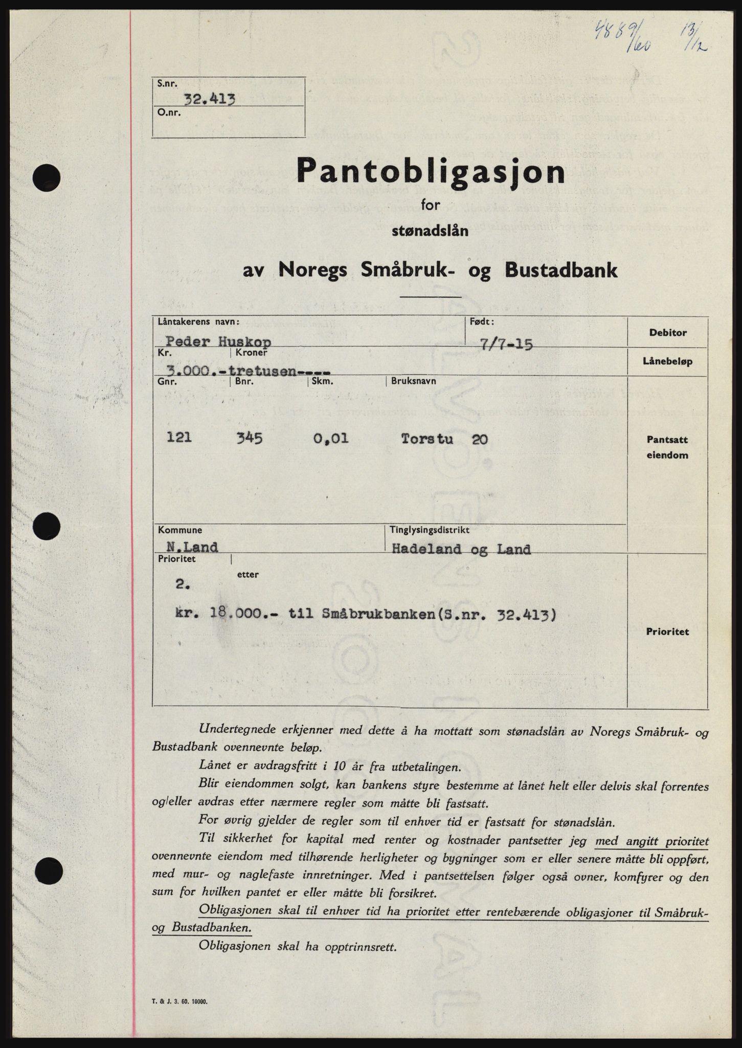 Hadeland og Land tingrett, SAH/TING-010/H/Hb/Hbc/L0044: Pantebok nr. B44, 1960-1961, Dagboknr: 4889/1960