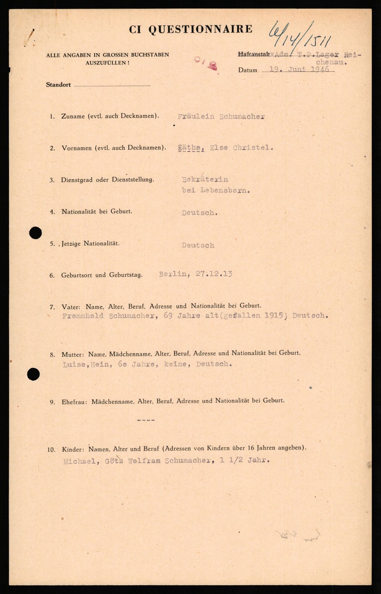 Forsvaret, Forsvarets overkommando II, AV/RA-RAFA-3915/D/Db/L0030: CI Questionaires. Tyske okkupasjonsstyrker i Norge. Tyskere., 1945-1946, s. 448