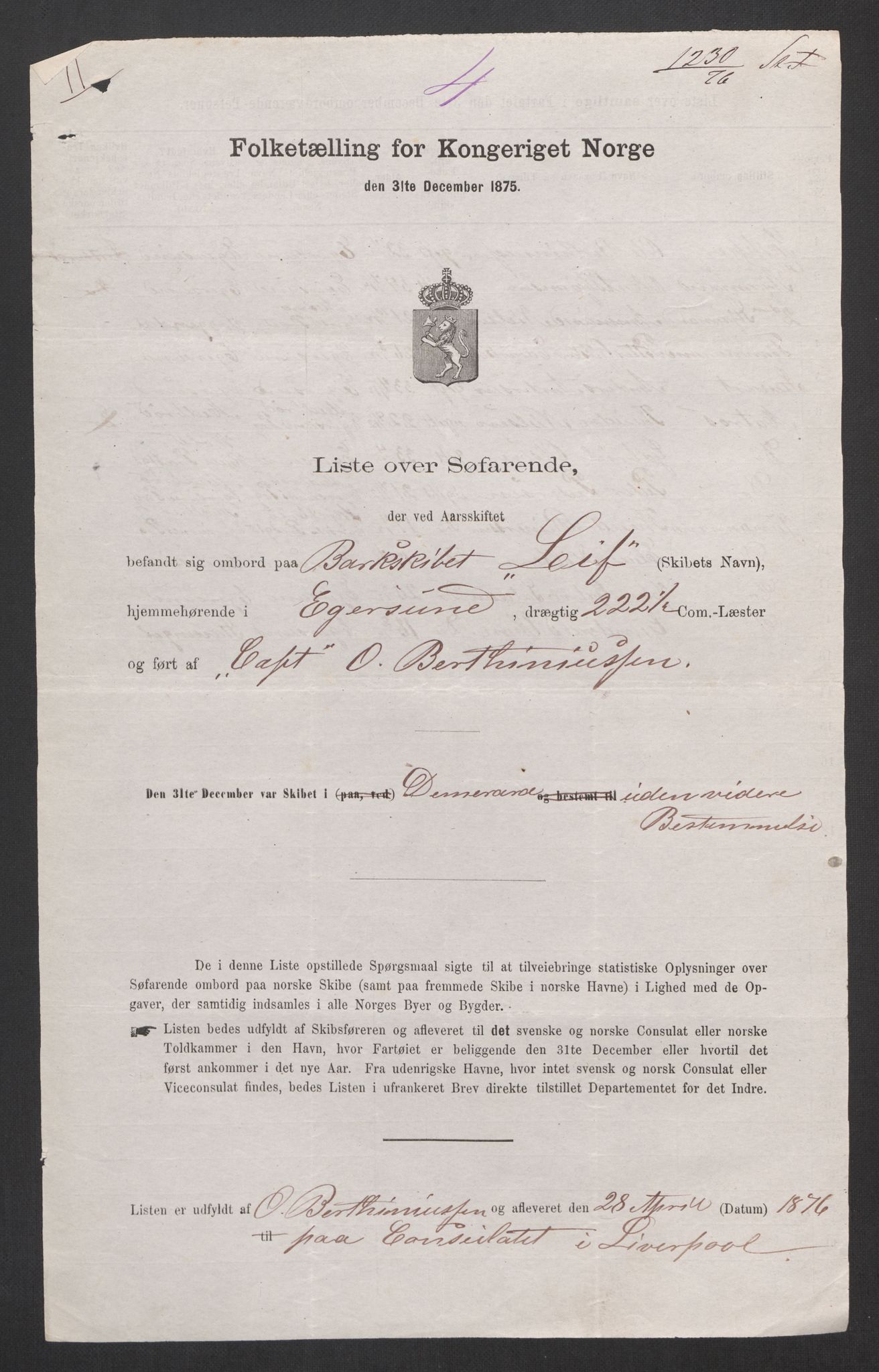 RA, Folketelling 1875, skipslister: Skip i utenrikske havner, hjemmehørende i 1) byer og ladesteder, Grimstad - Tromsø, 2) landdistrikter, 1875, s. 404