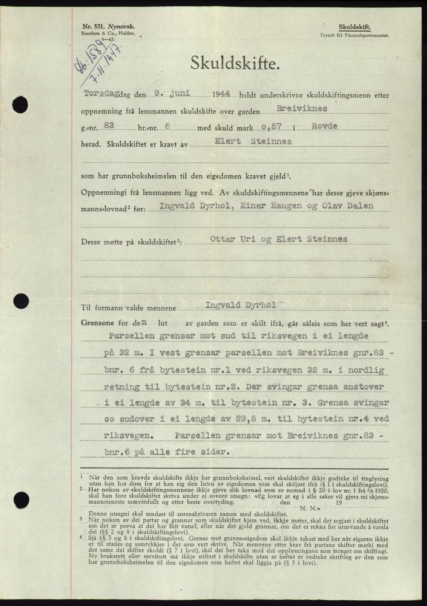 Søre Sunnmøre sorenskriveri, AV/SAT-A-4122/1/2/2C/L0081: Pantebok nr. 7A, 1947-1948, Dagboknr: 1589/1947