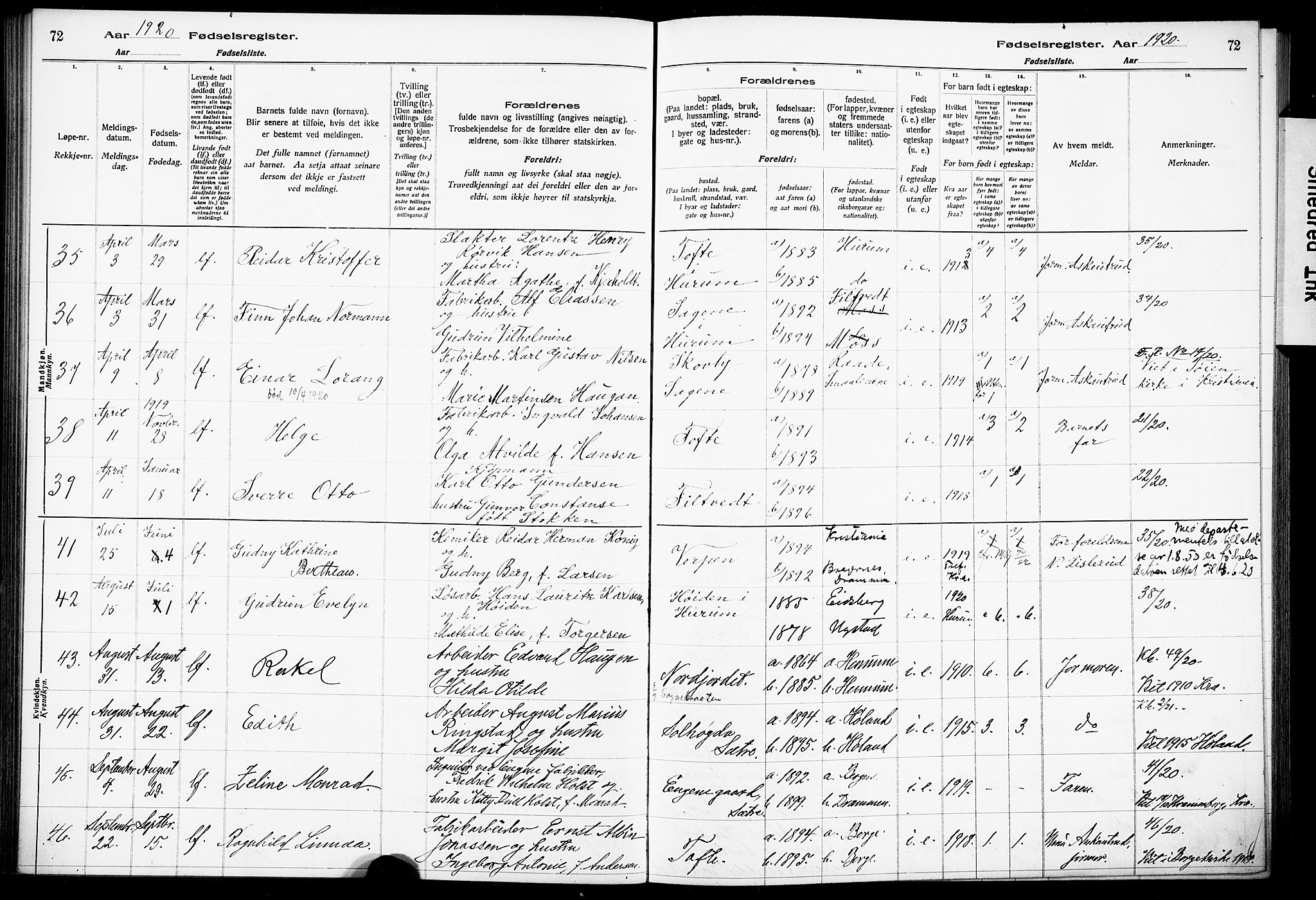 Hurum kirkebøker, AV/SAKO-A-229/J/Ja/L0001: Fødselsregister nr. 1, 1916-1928, s. 72