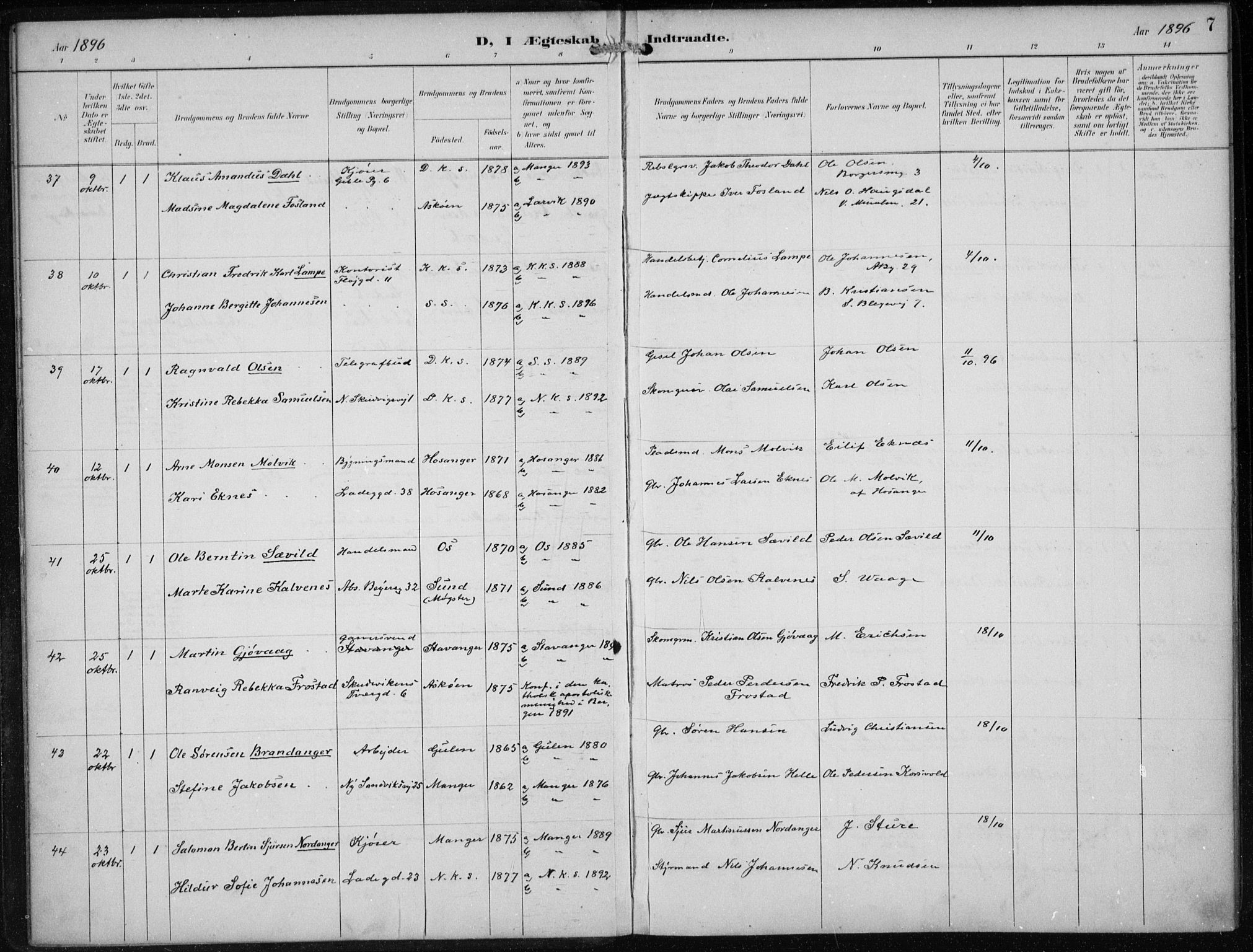 Sandviken Sokneprestembete, AV/SAB-A-77601/H/Ha/L0014: Ministerialbok nr. D 1, 1896-1911, s. 7