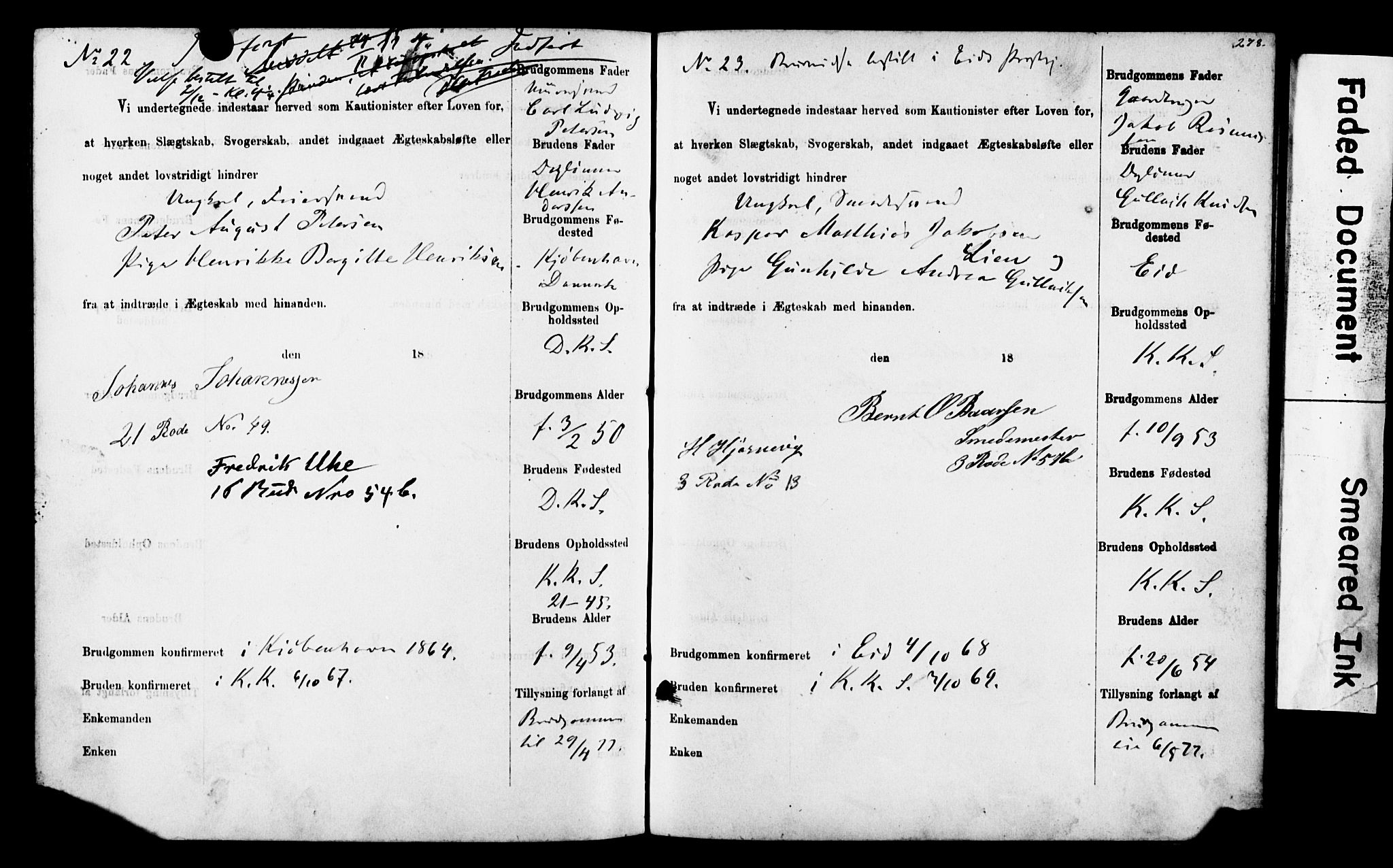 Korskirken sokneprestembete, SAB/A-76101: Forlovererklæringer nr. II.5.4, 1871-1878, s. 278