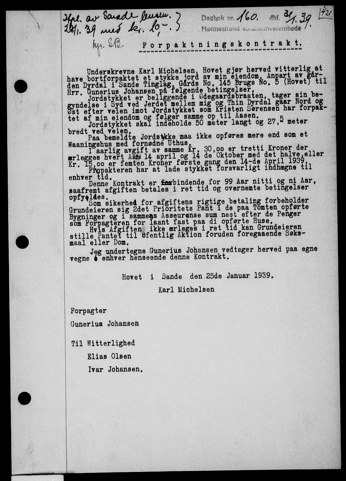 Holmestrand sorenskriveri, SAKO/A-67/G/Ga/Gaa/L0050: Pantebok nr. A-50, 1938-1939, Dagboknr: 160/1939