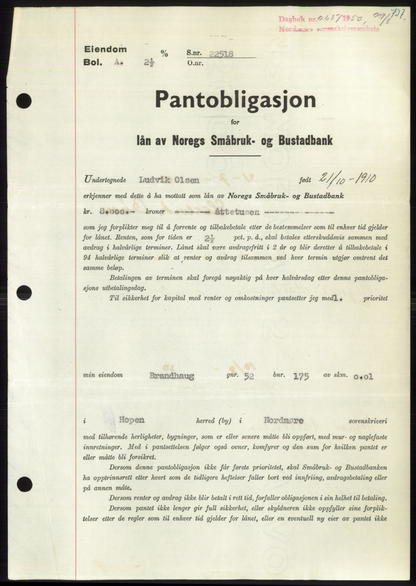 Nordmøre sorenskriveri, AV/SAT-A-4132/1/2/2Ca: Pantebok nr. B105, 1950-1950, Dagboknr: 2687/1950