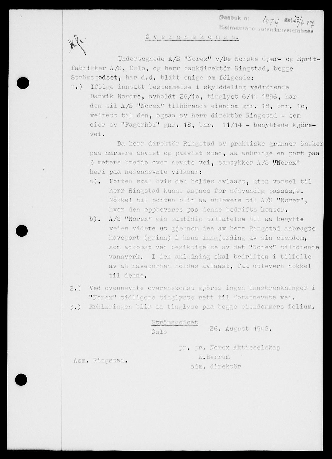 Holmestrand sorenskriveri, SAKO/A-67/G/Ga/Gaa/L0062: Pantebok nr. A-62, 1947-1947, Dagboknr: 1054/1947